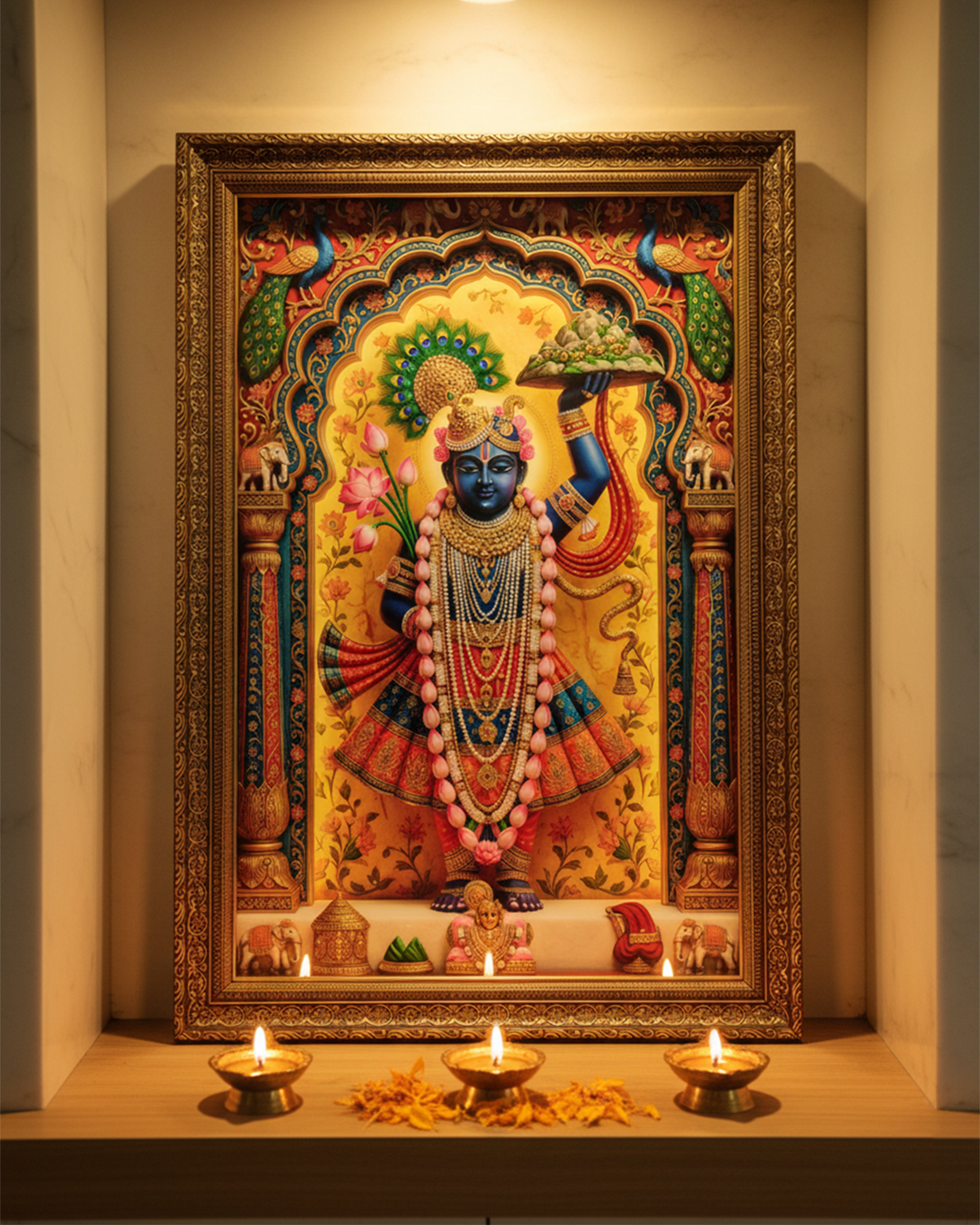 Shrinathji Govardhan Giridhari Premium Framed Wall Art - Divine Pushtimarg Shringar Painting for Home & Mandir
