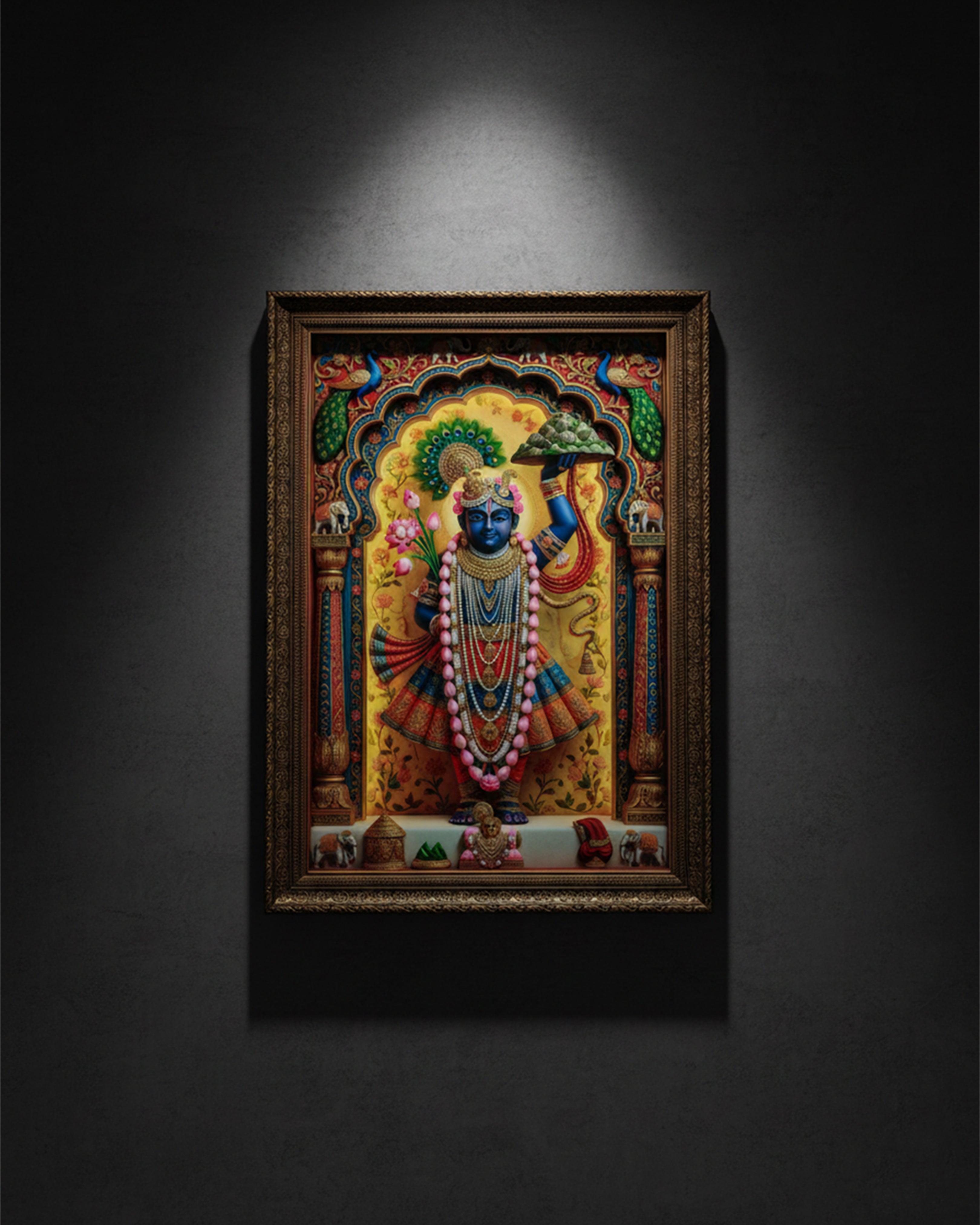 Shrinathji Govardhan Giridhari Premium Framed Wall Art - Divine Pushtimarg Shringar Painting for Home & Mandir