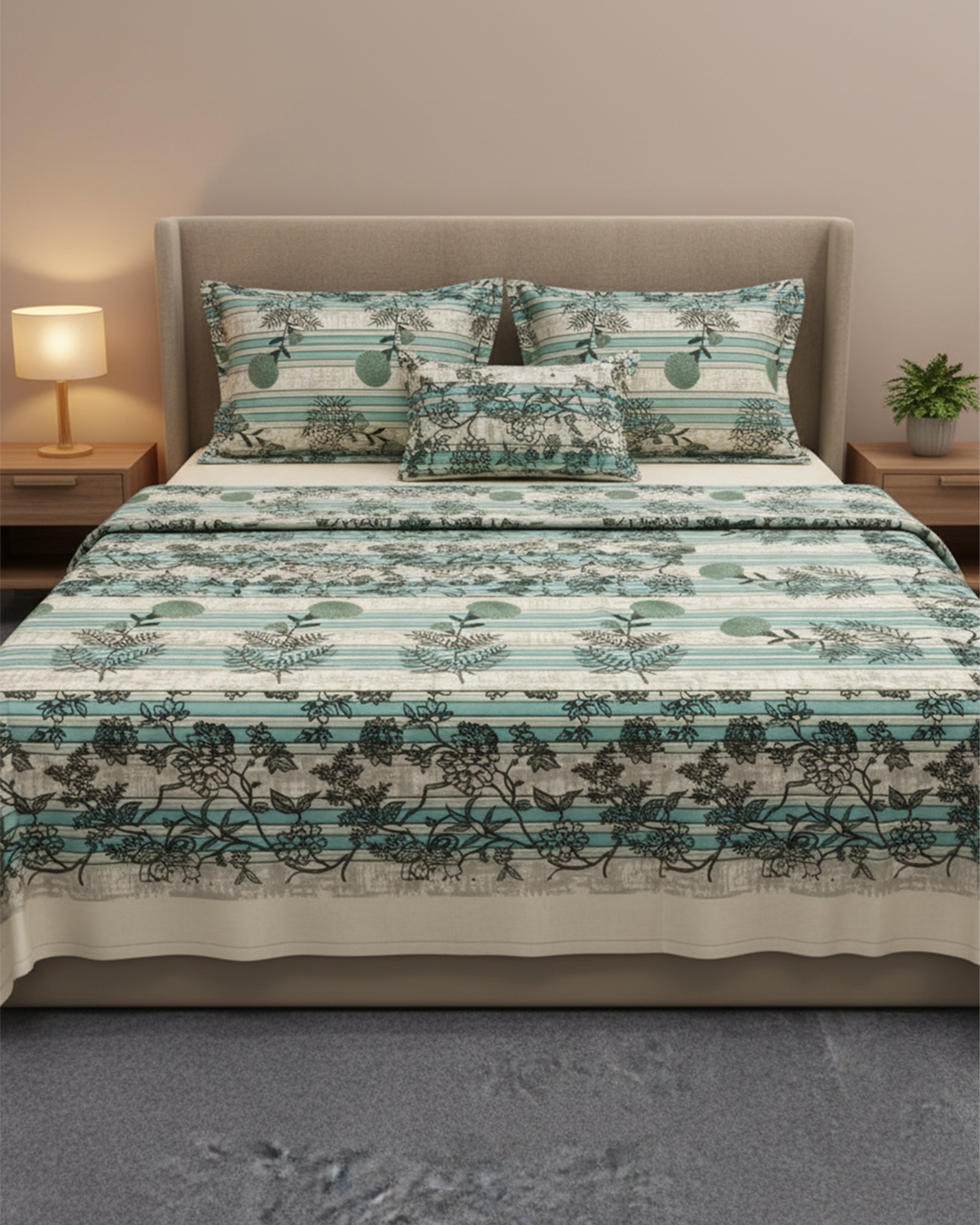 Contemporary Teal & Grey Striped Floral Double Bedsheet Set - Premium Botanical Print with 2 Matching Pillow Covers