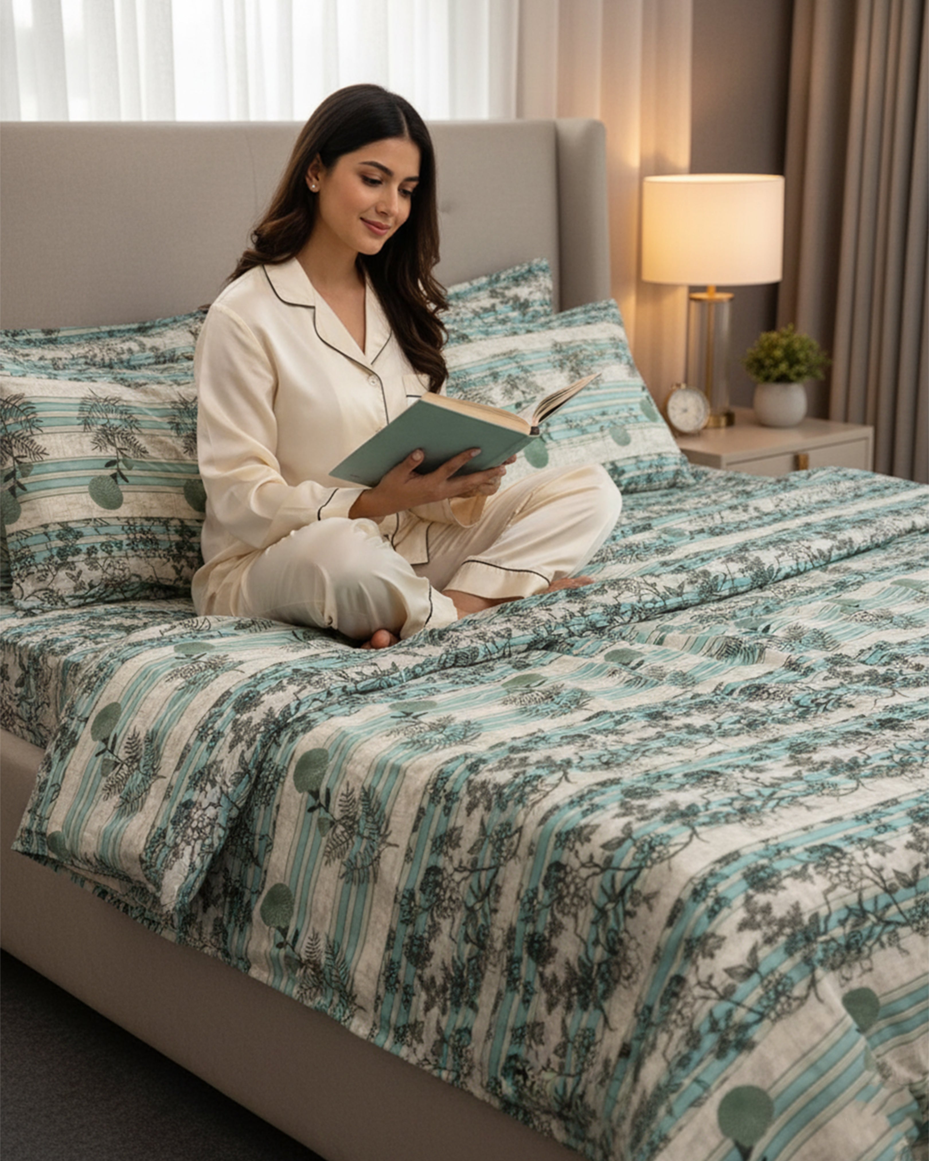 Contemporary Teal & Grey Striped Floral Double Bedsheet Set - Premium Botanical Print with 2 Matching Pillow Covers
