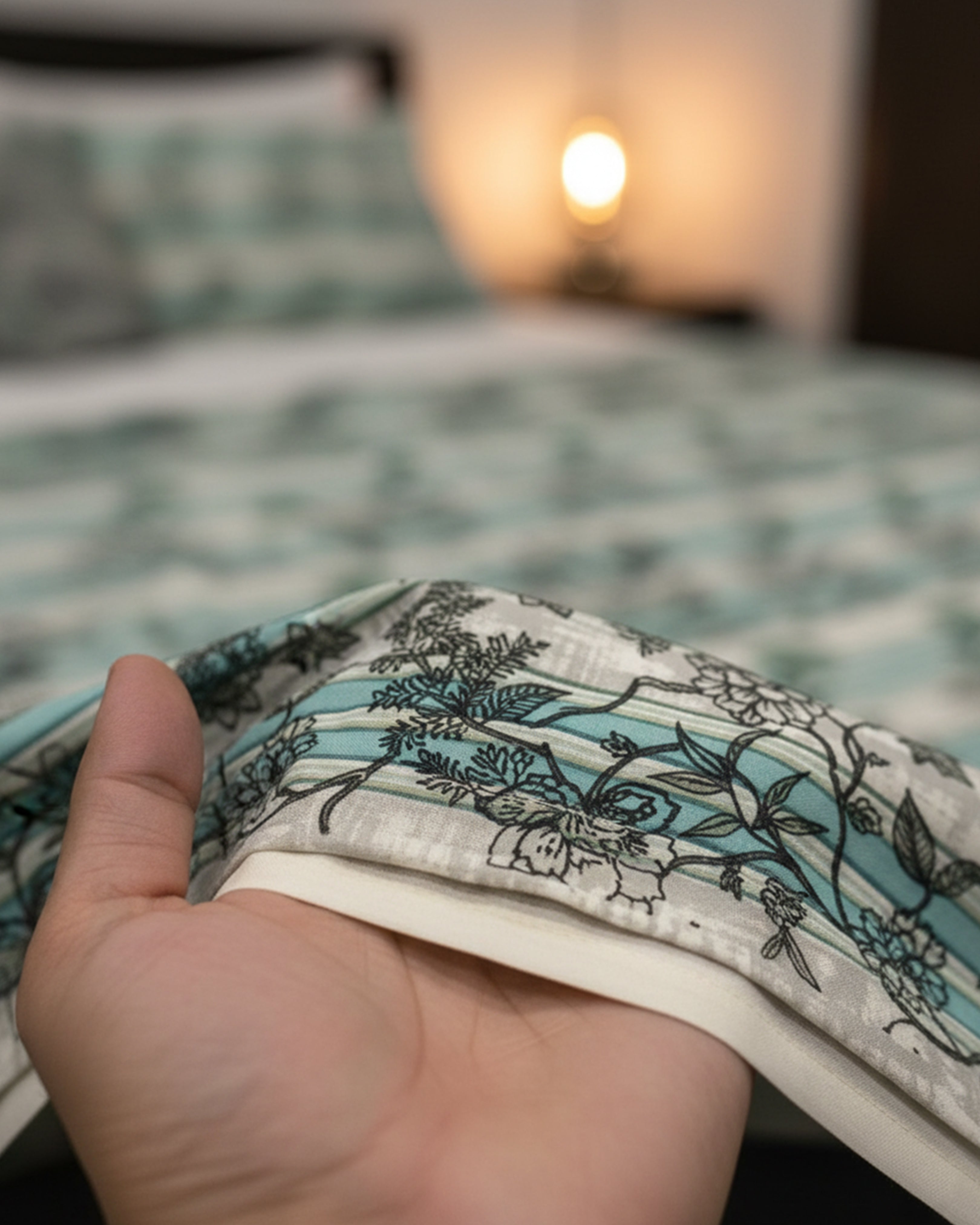 Contemporary Teal & Grey Striped Floral Double Bedsheet Set - Premium Botanical Print with 2 Matching Pillow Covers