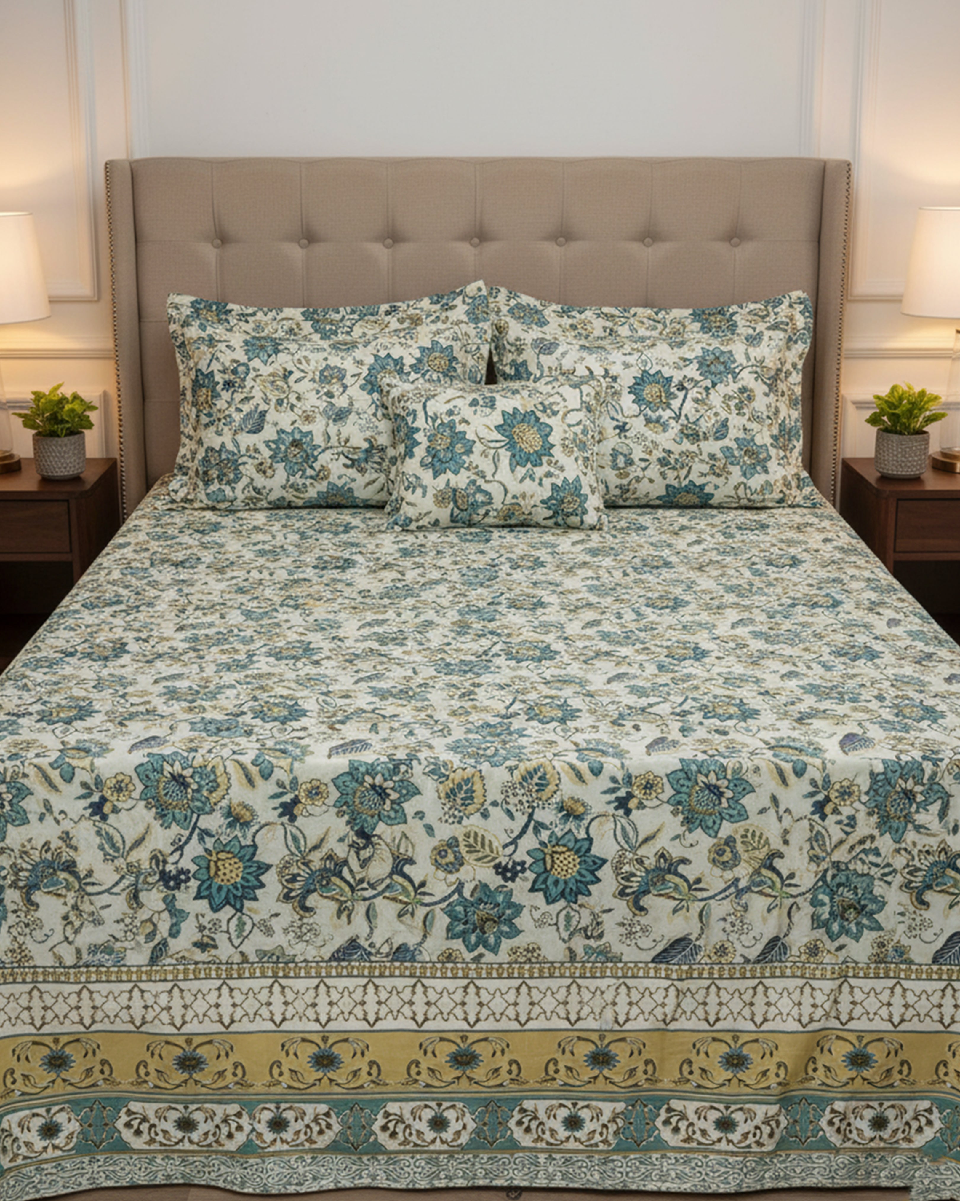 Premium White & Grey Floral Cotton Double Bed Sheet with 2 Pillow Covers – Elegant Blossom Collection