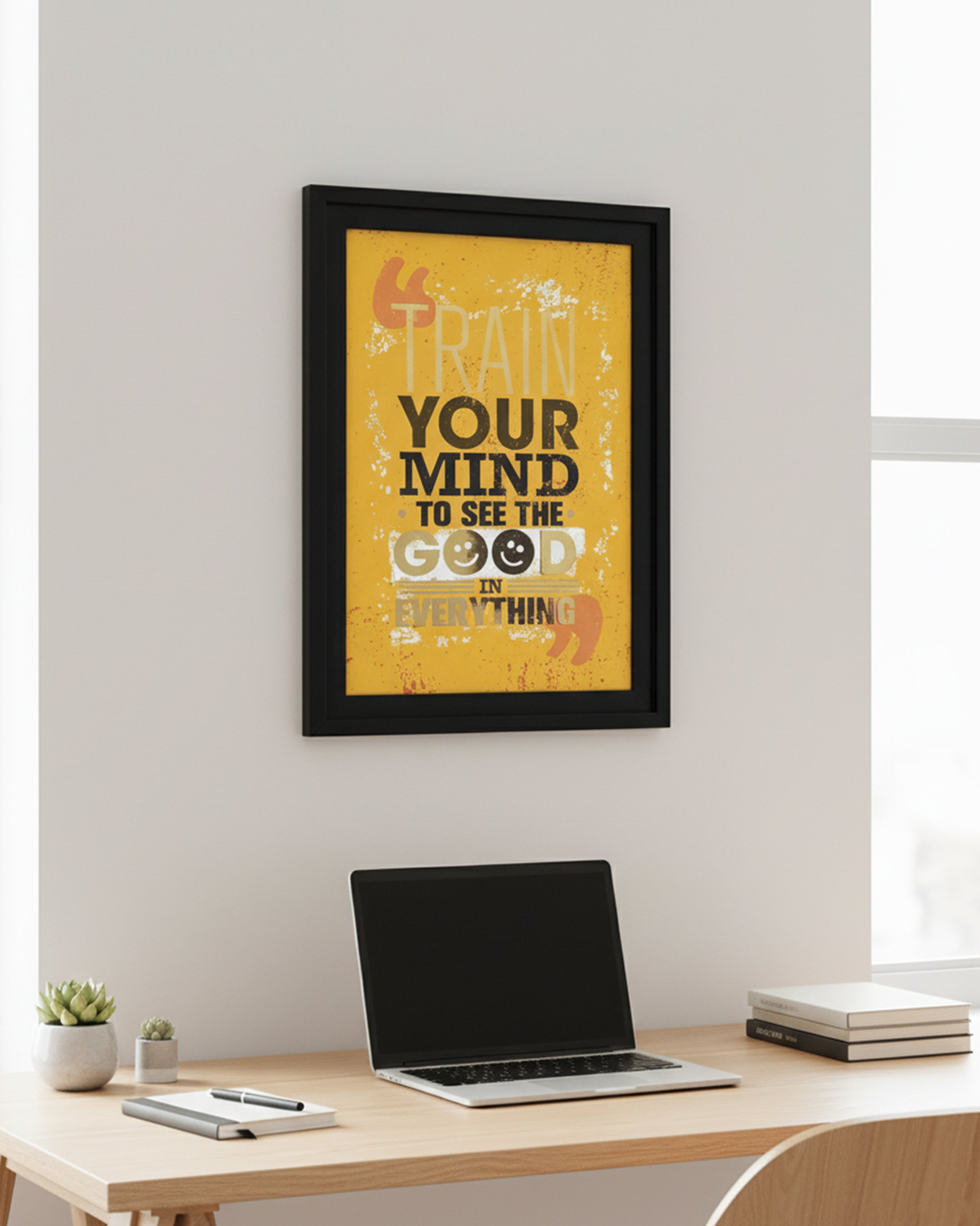 "Train Your Mind" Positive Quote Framed Wall Art - Vibrant Yellow Motivational Poster for Office & Study Room