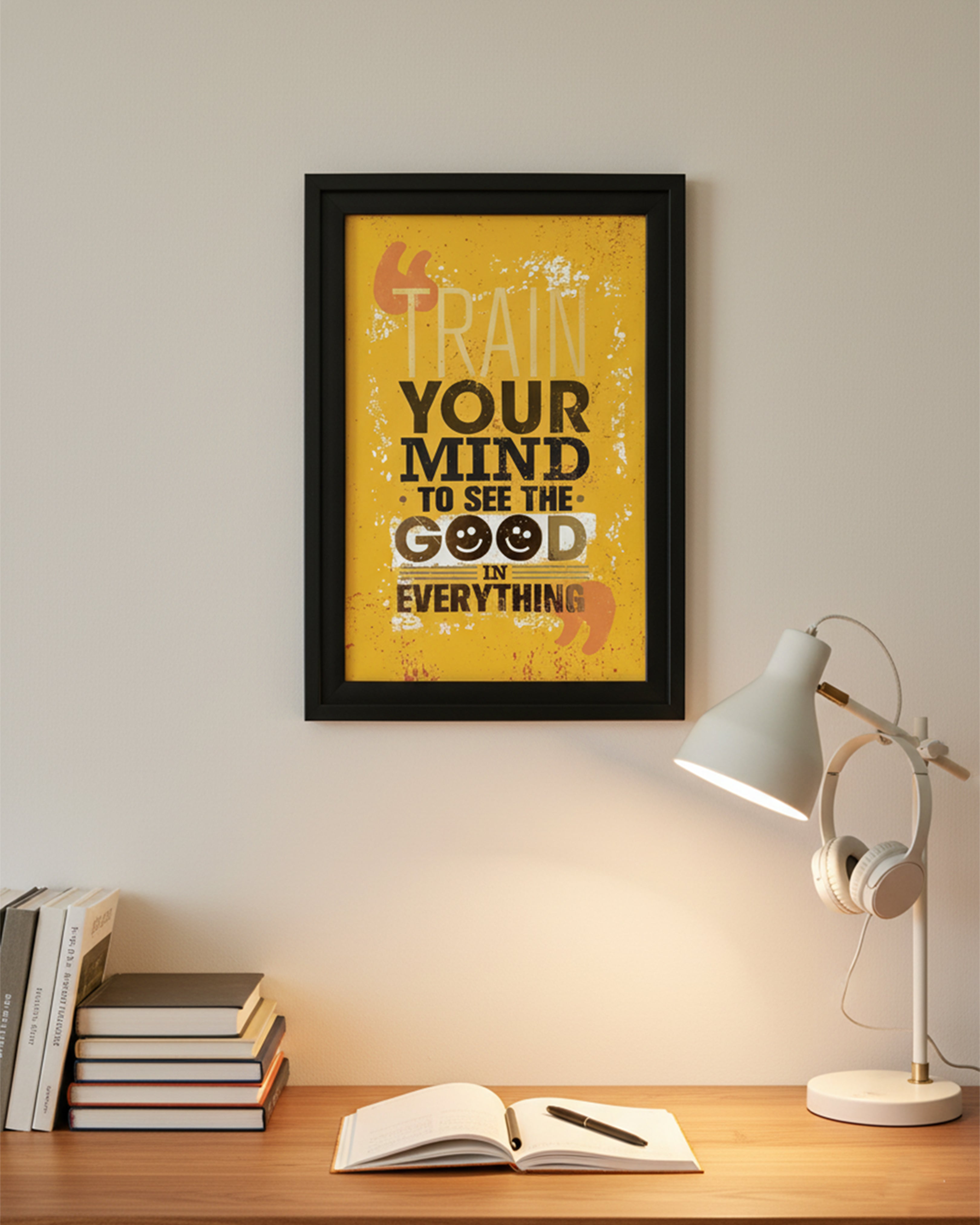 "Train Your Mind" Positive Quote Framed Wall Art - Vibrant Yellow Motivational Poster for Office & Study Room