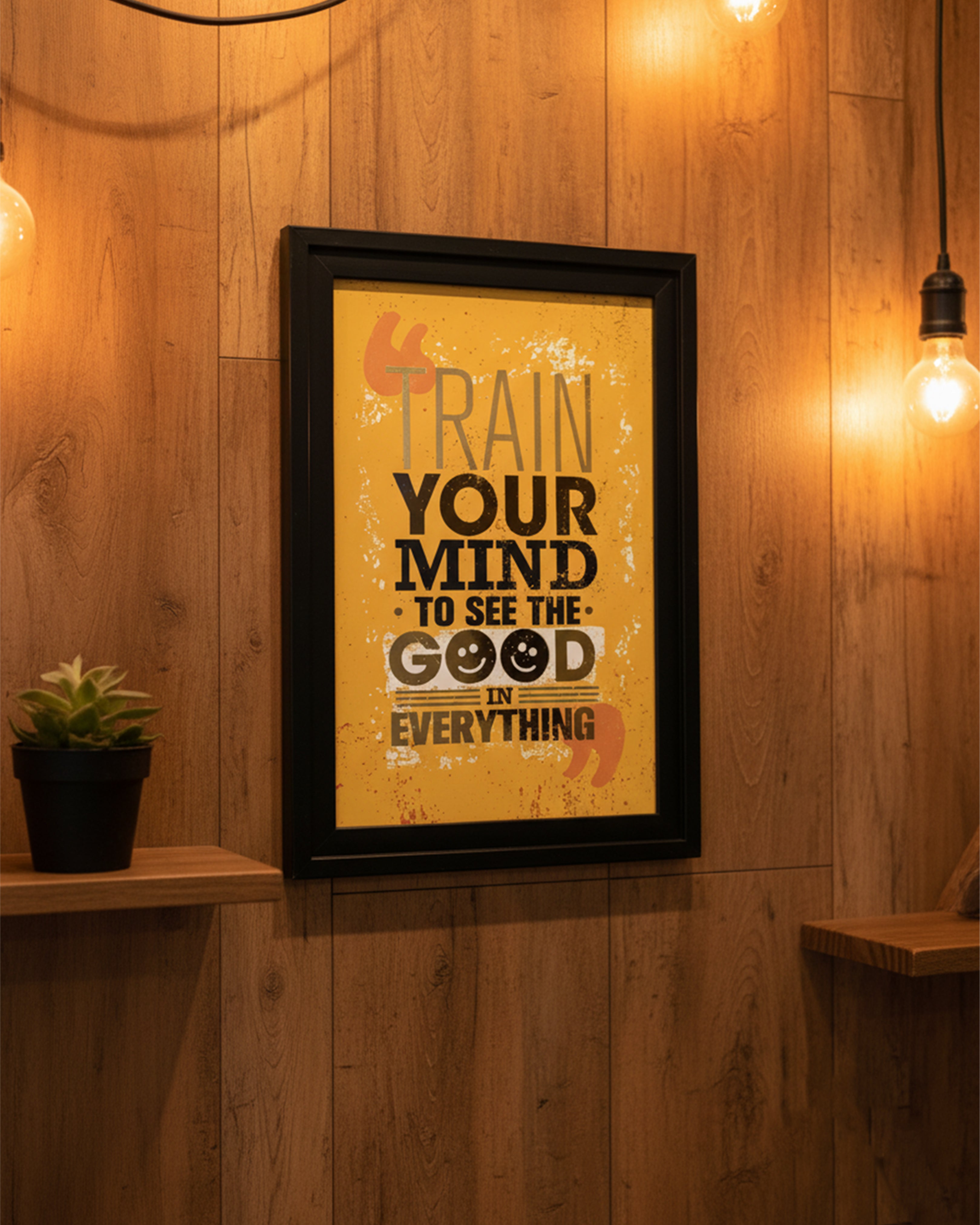 "Train Your Mind" Positive Quote Framed Wall Art - Vibrant Yellow Motivational Poster for Office & Study Room