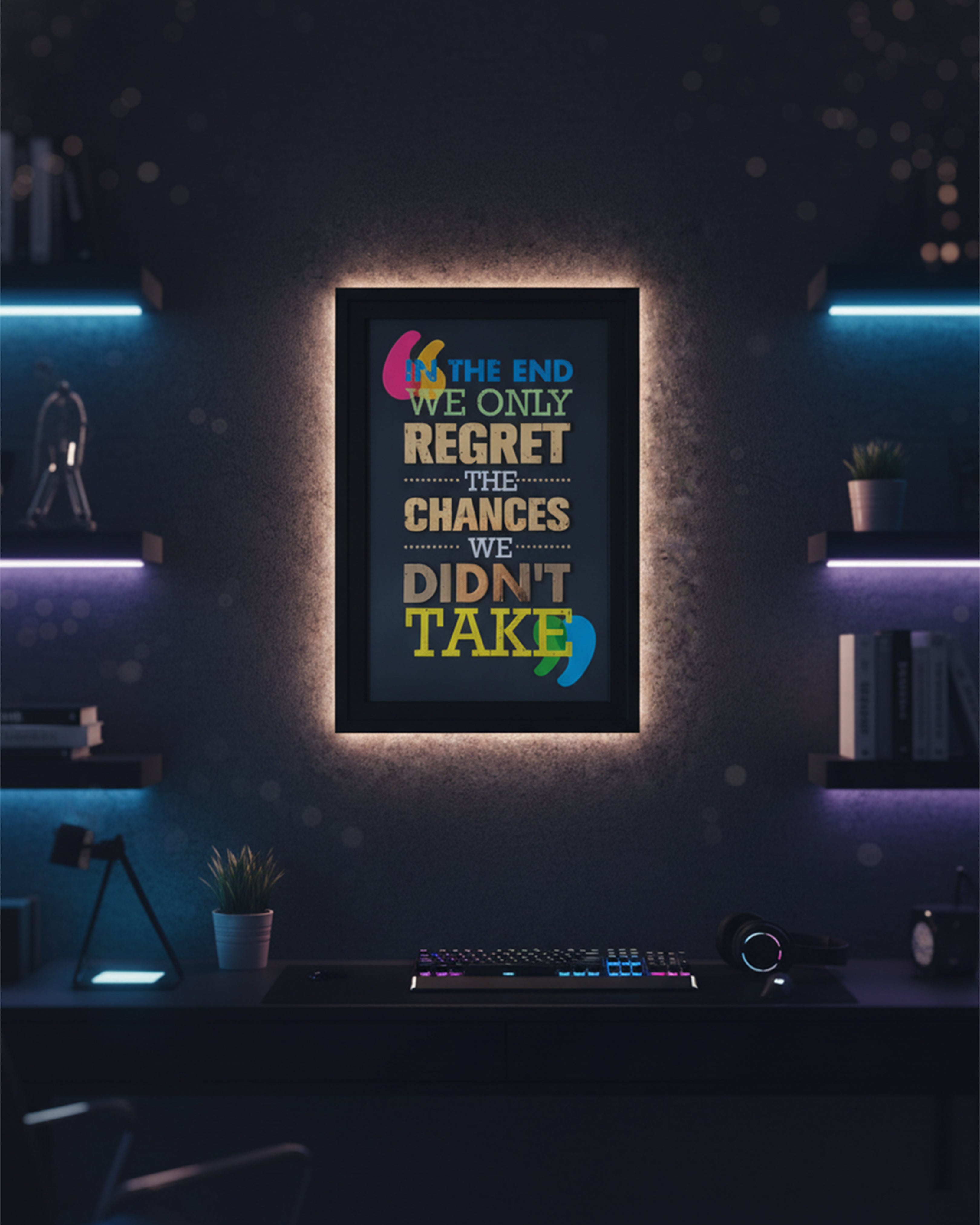 "In The End We Only Regret" Motivational Framed Wall Art - Bold Typography Quote Poster for Gaming Room & Office