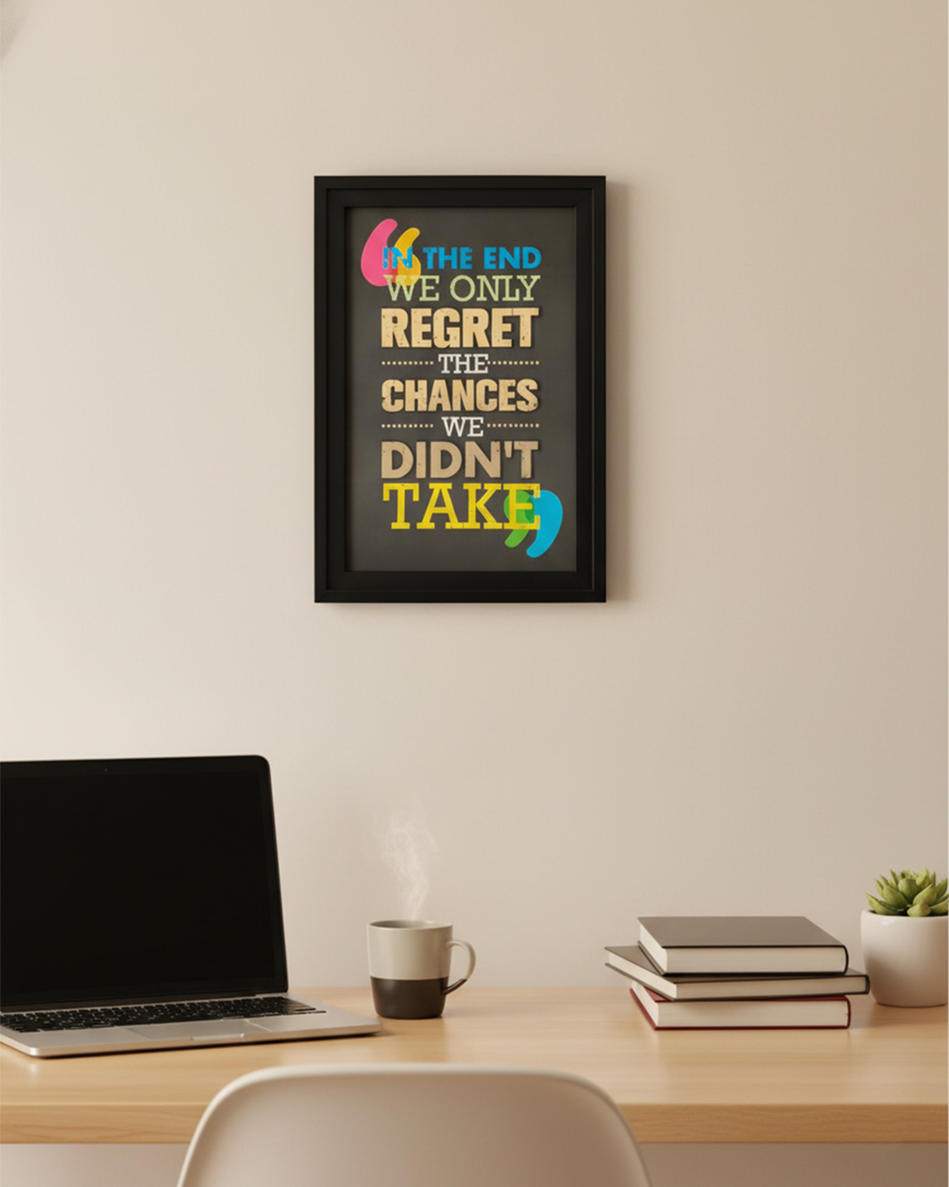 "In The End We Only Regret" Motivational Framed Wall Art - Bold Typography Quote Poster for Gaming Room & Office