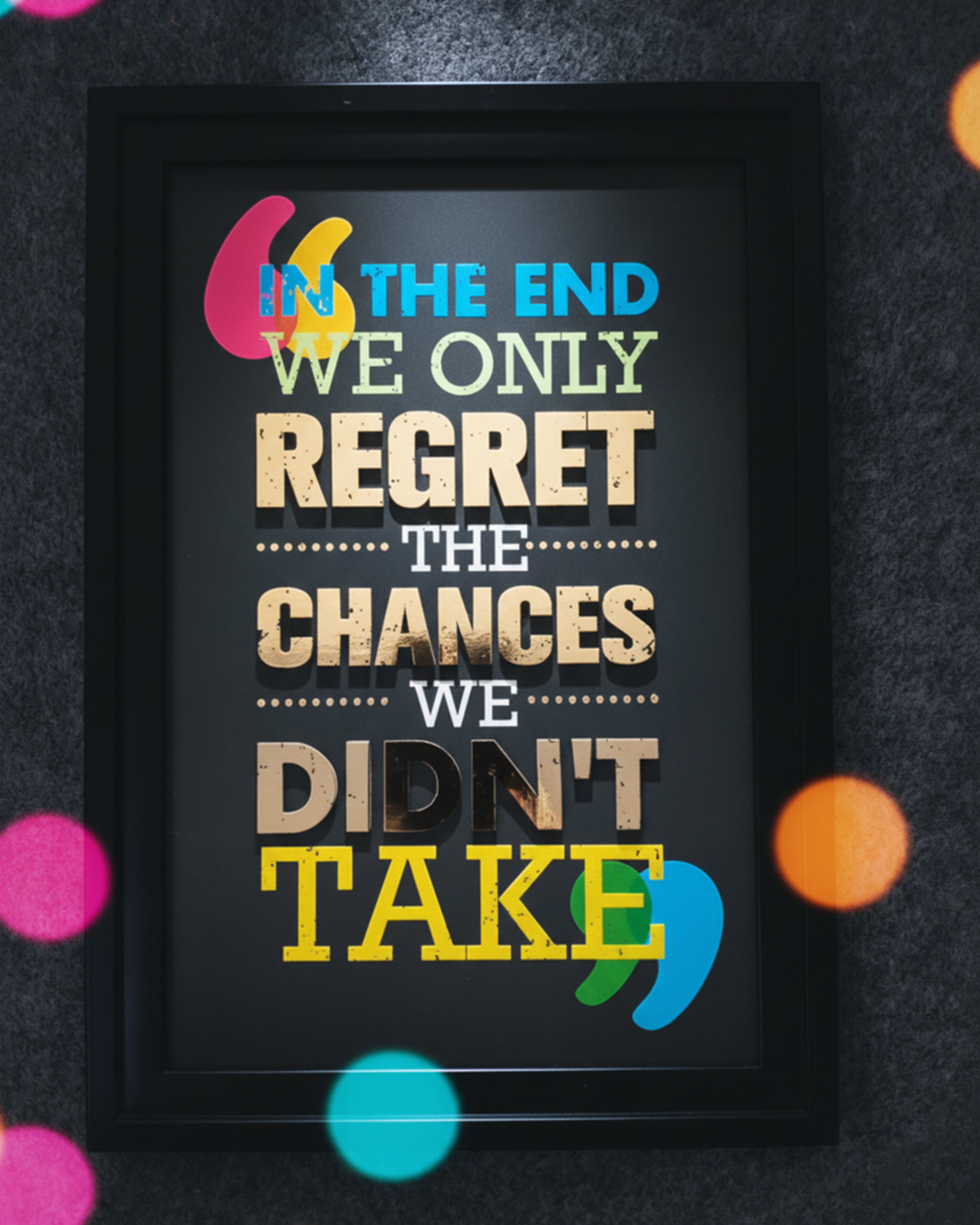 "In The End We Only Regret" Motivational Framed Wall Art - Bold Typography Quote Poster for Gaming Room & Office