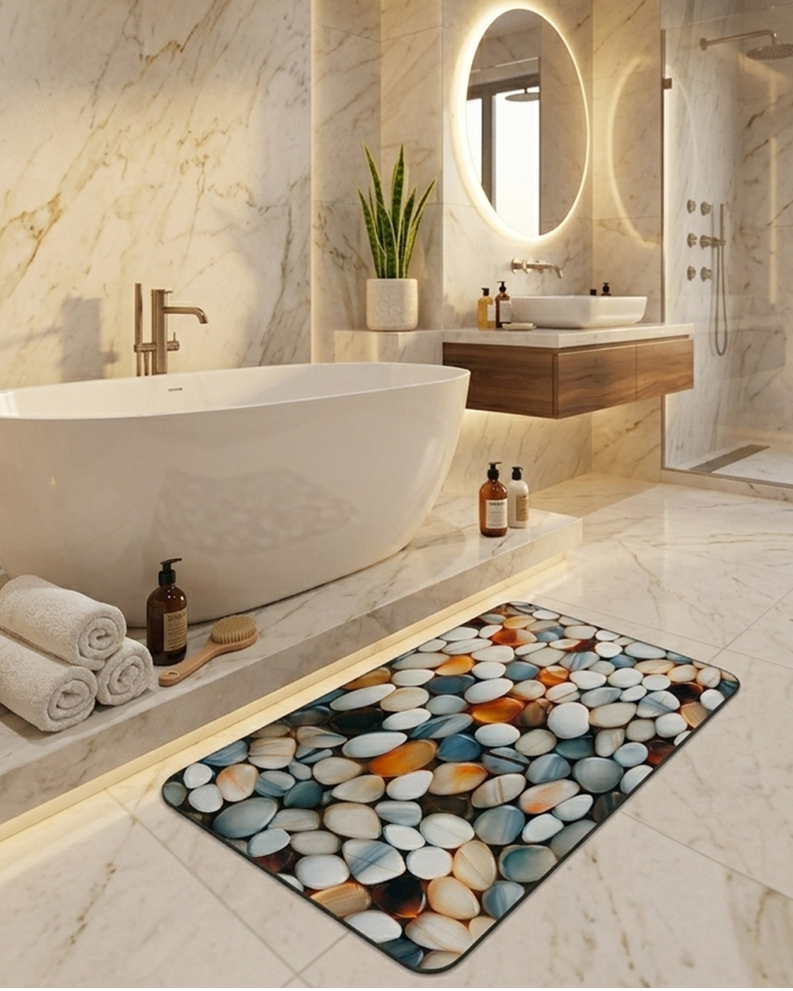 3D River Stone Spa Bath Mat – Realistic Pebble Print Anti-Slip Bathroom Rug | Soft, Quick-Dry Microfiber Mat