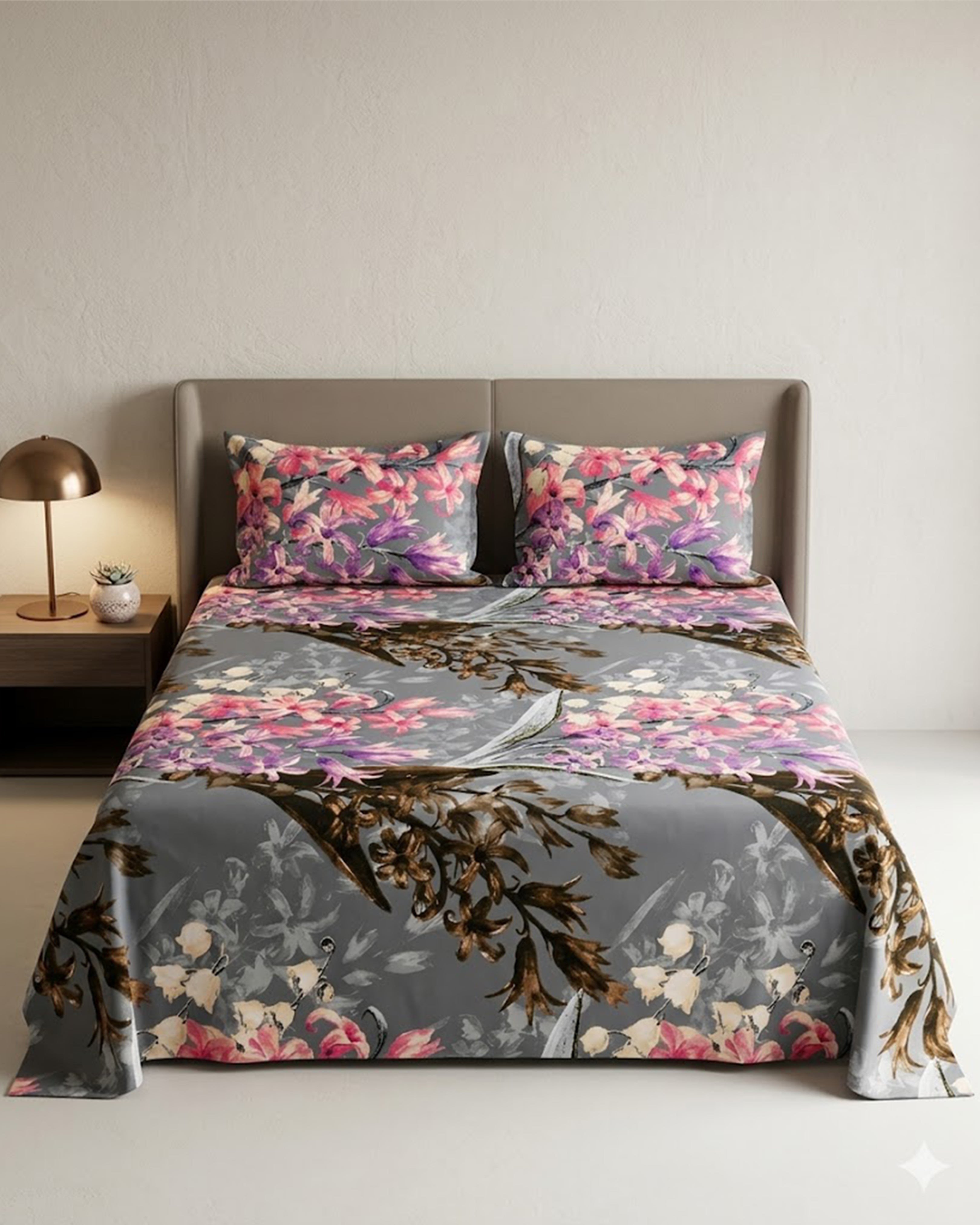 Elegant Charcoal Grey Floral Cotton Double Bedsheet with 2 Matching Pillow Covers – Soft & Breathable Luxury Bedding
