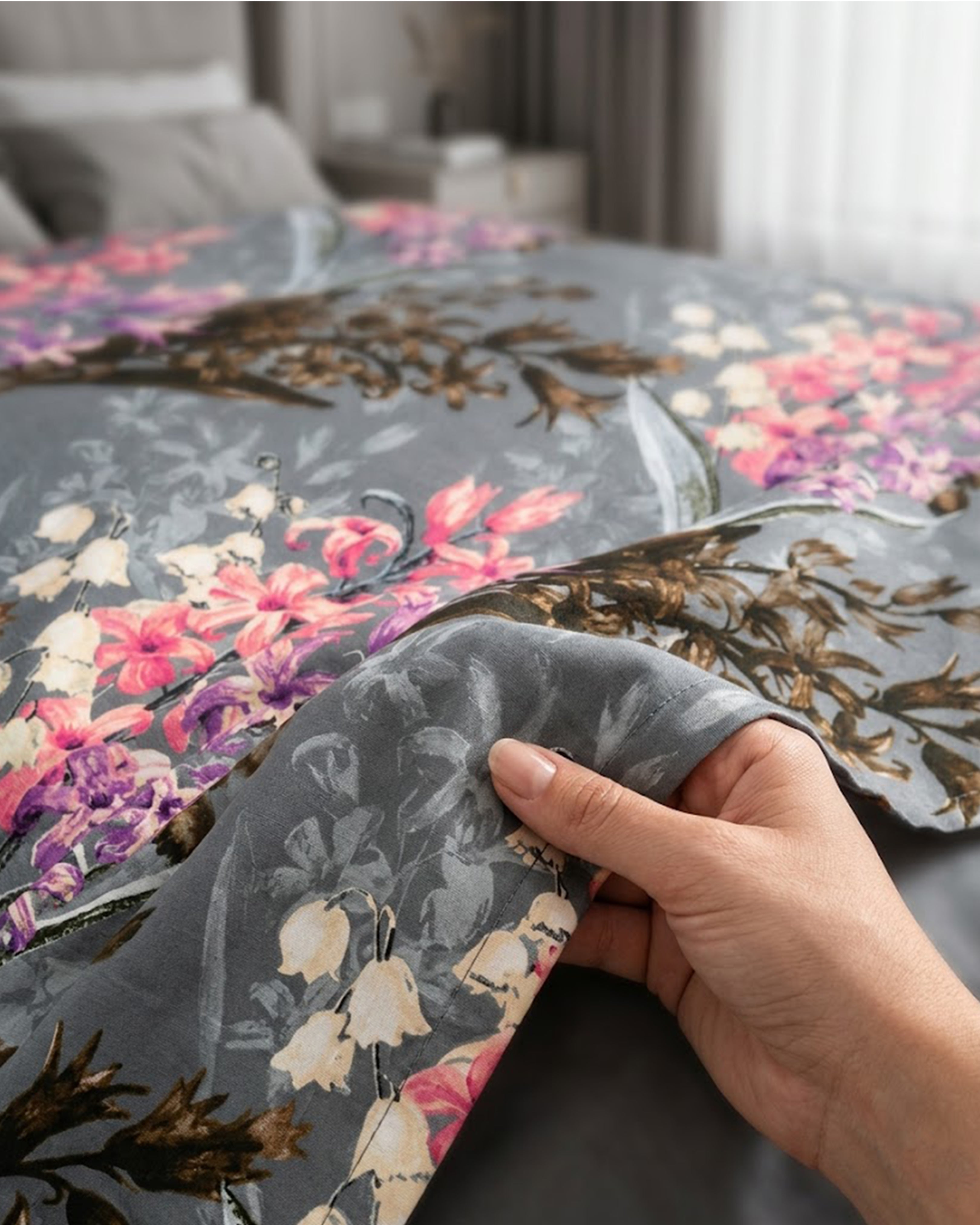 Elegant Charcoal Grey Floral Cotton Double Bedsheet with 2 Matching Pillow Covers – Soft & Breathable Luxury Bedding