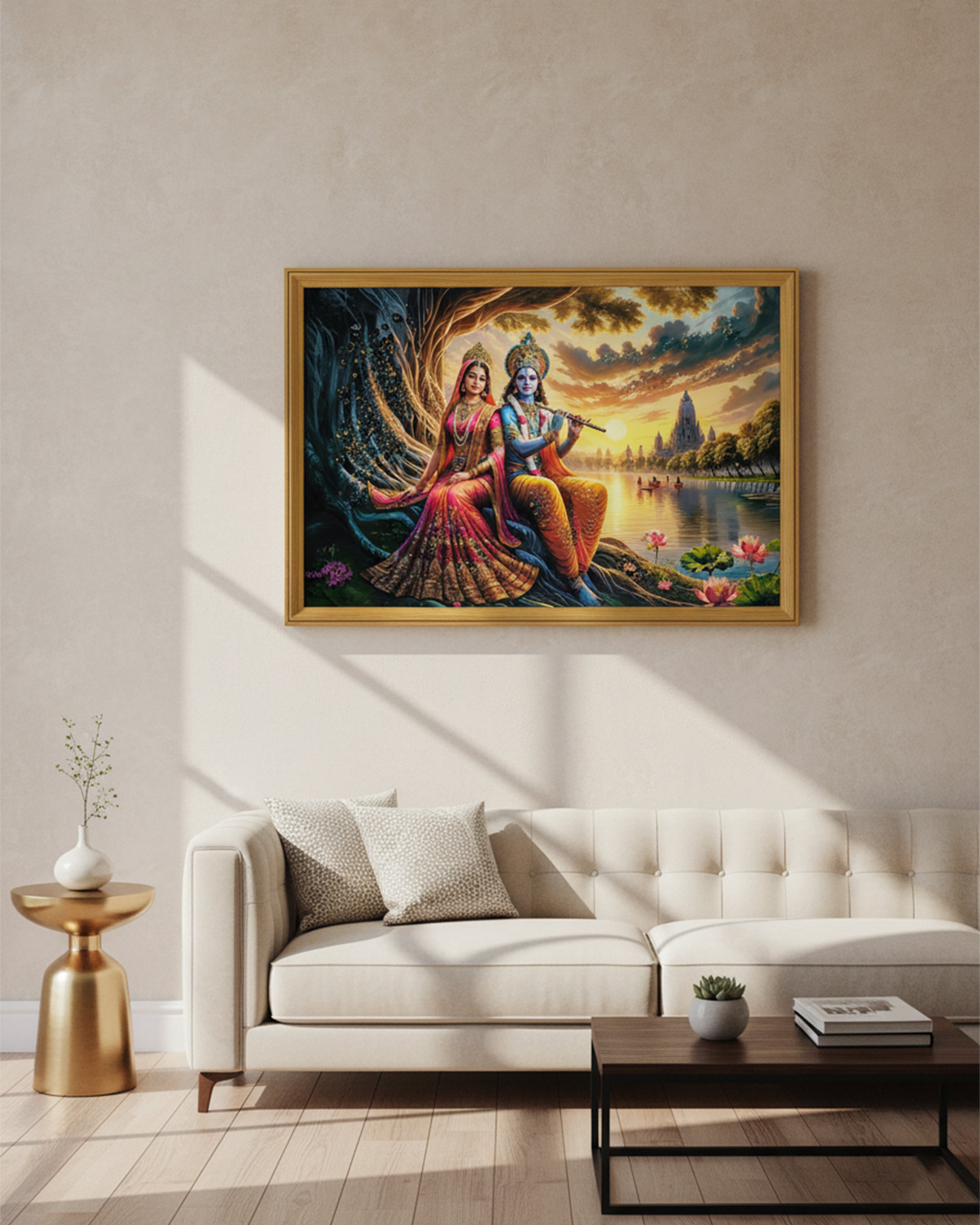 Radha Krishna Scenic Sunset Riverbank Wall Art - Premium Landscape Framed Spiritual Painting