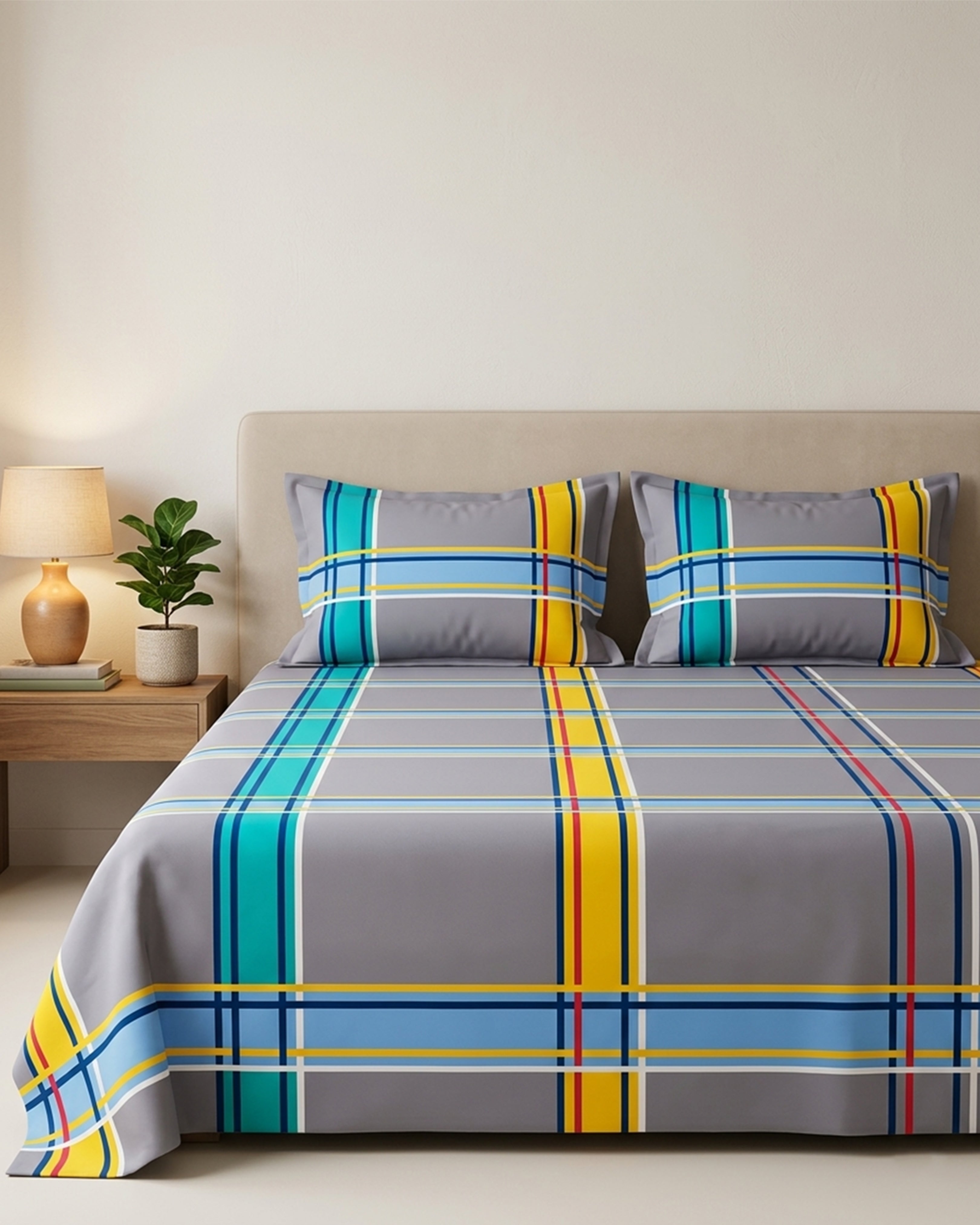 Modern Geometric Checkered Grey Bedsheet with Vibrant Yellow & Blue Stripes – Premium Soft Double Bedspread Set