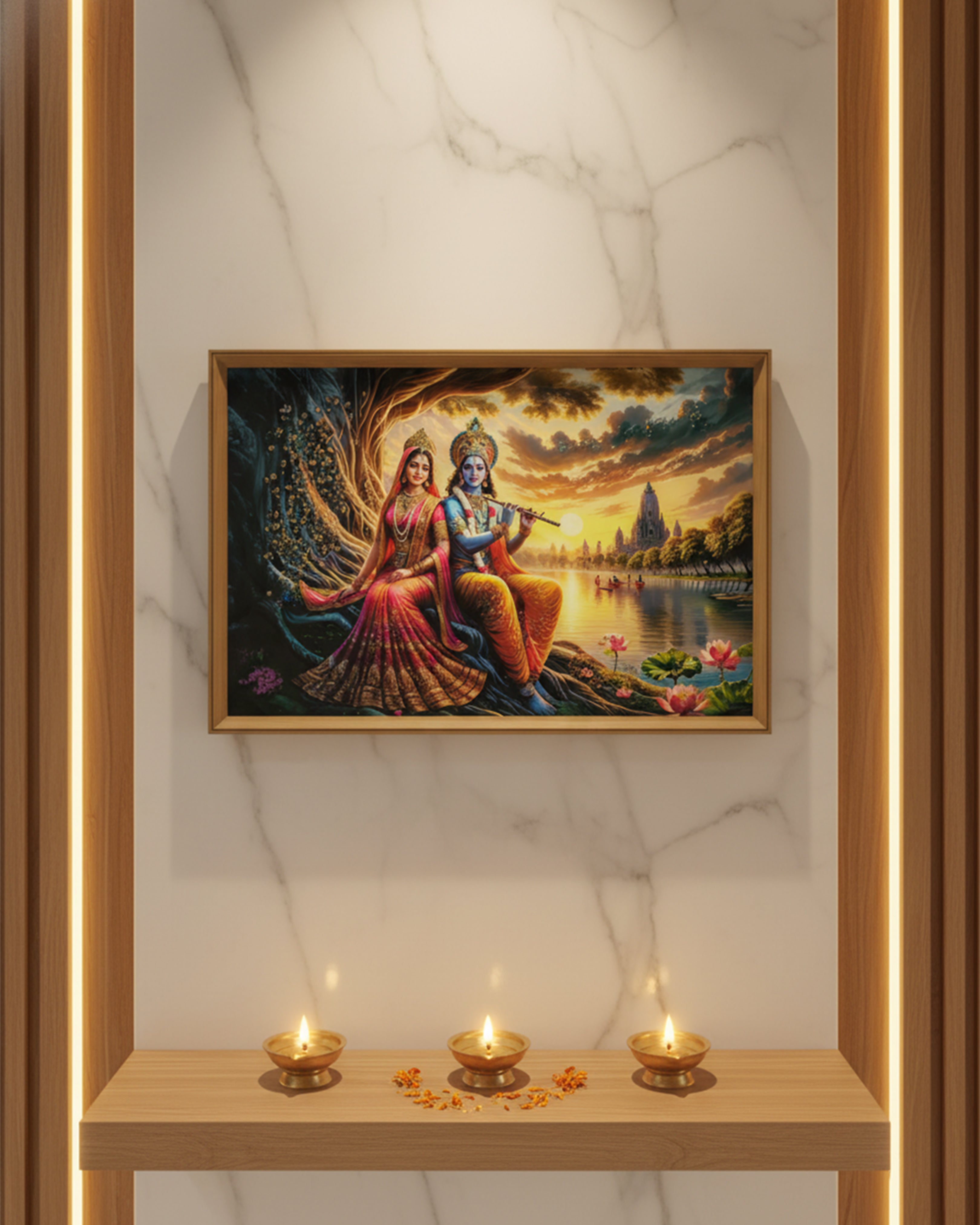 Radha Krishna Scenic Sunset Riverbank Wall Art - Premium Landscape Framed Spiritual Painting