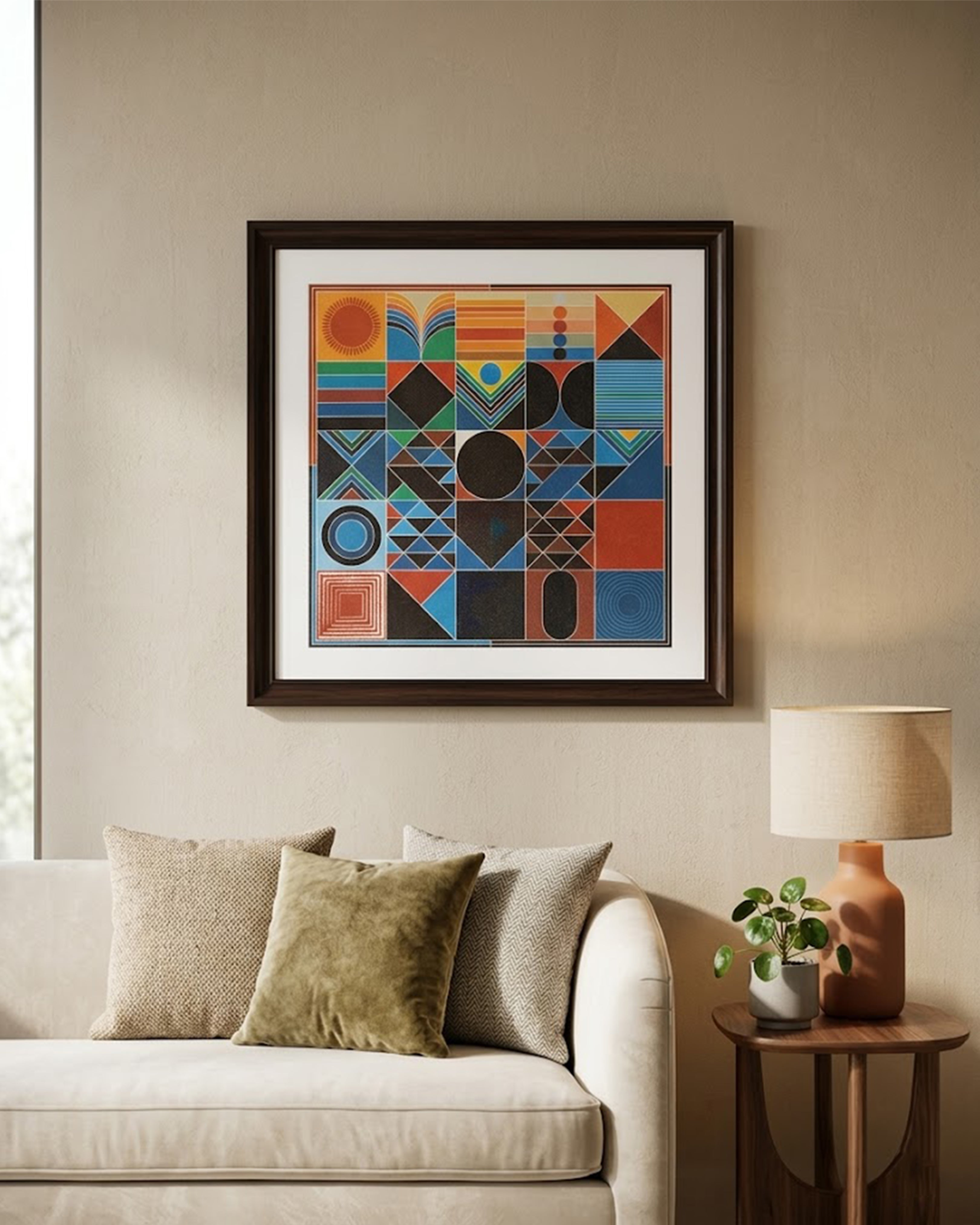 Geometric Abstract Bauhaus Style Wall Art - Modern Multi-Color Framed Canvas Print