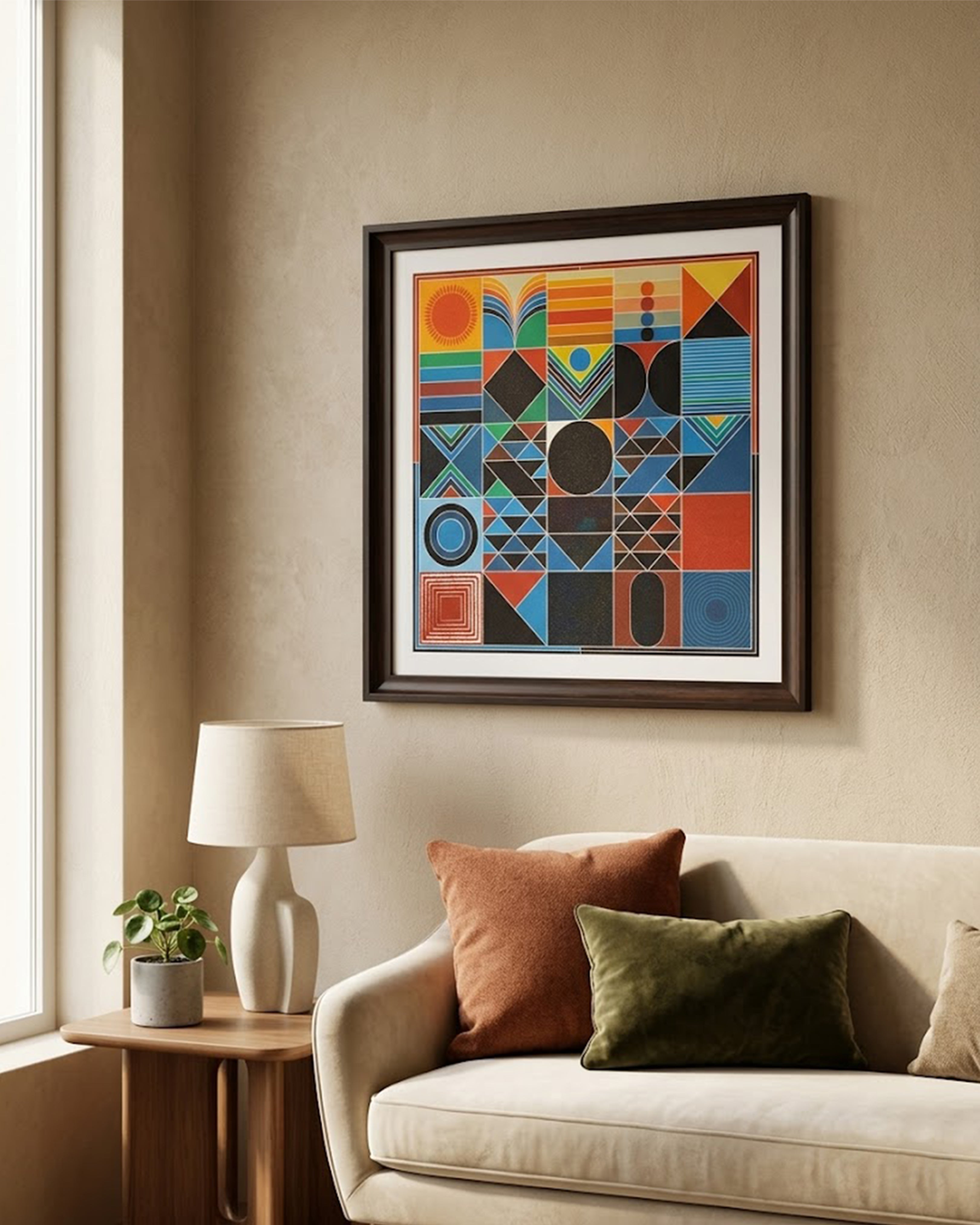 Geometric Abstract Bauhaus Style Wall Art - Modern Multi-Color Framed Canvas Print