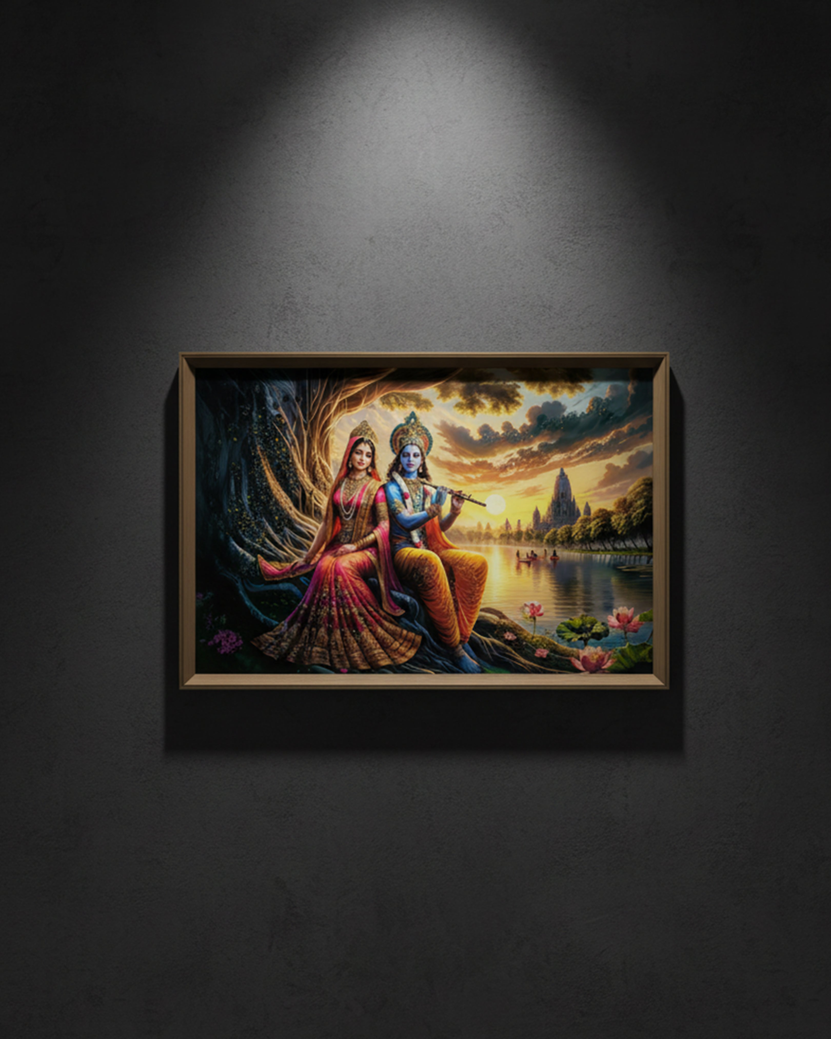Radha Krishna Scenic Sunset Riverbank Wall Art - Premium Landscape Framed Spiritual Painting
