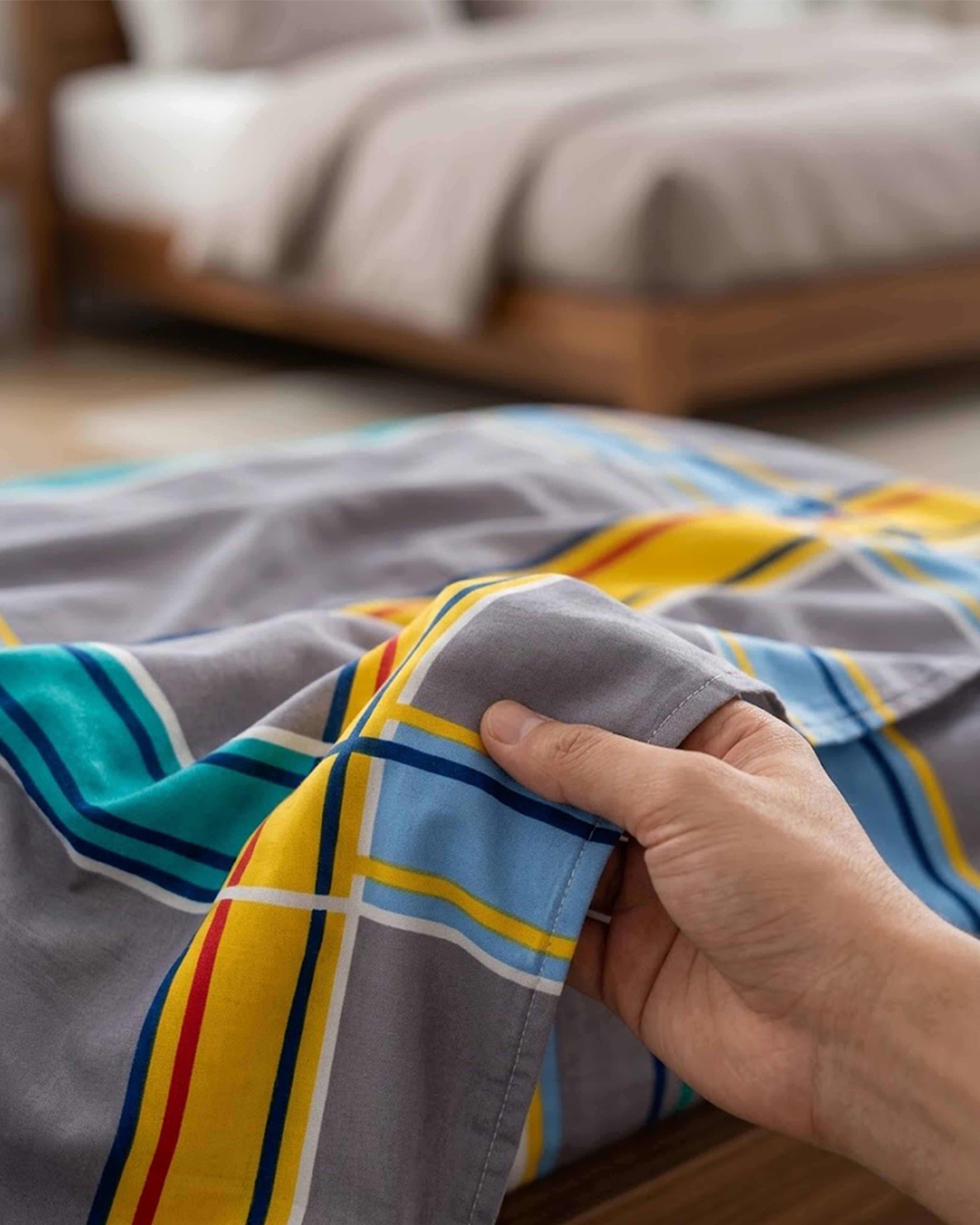 Modern Geometric Checkered Grey Bedsheet with Vibrant Yellow & Blue Stripes – Premium Soft Double Bedspread Set