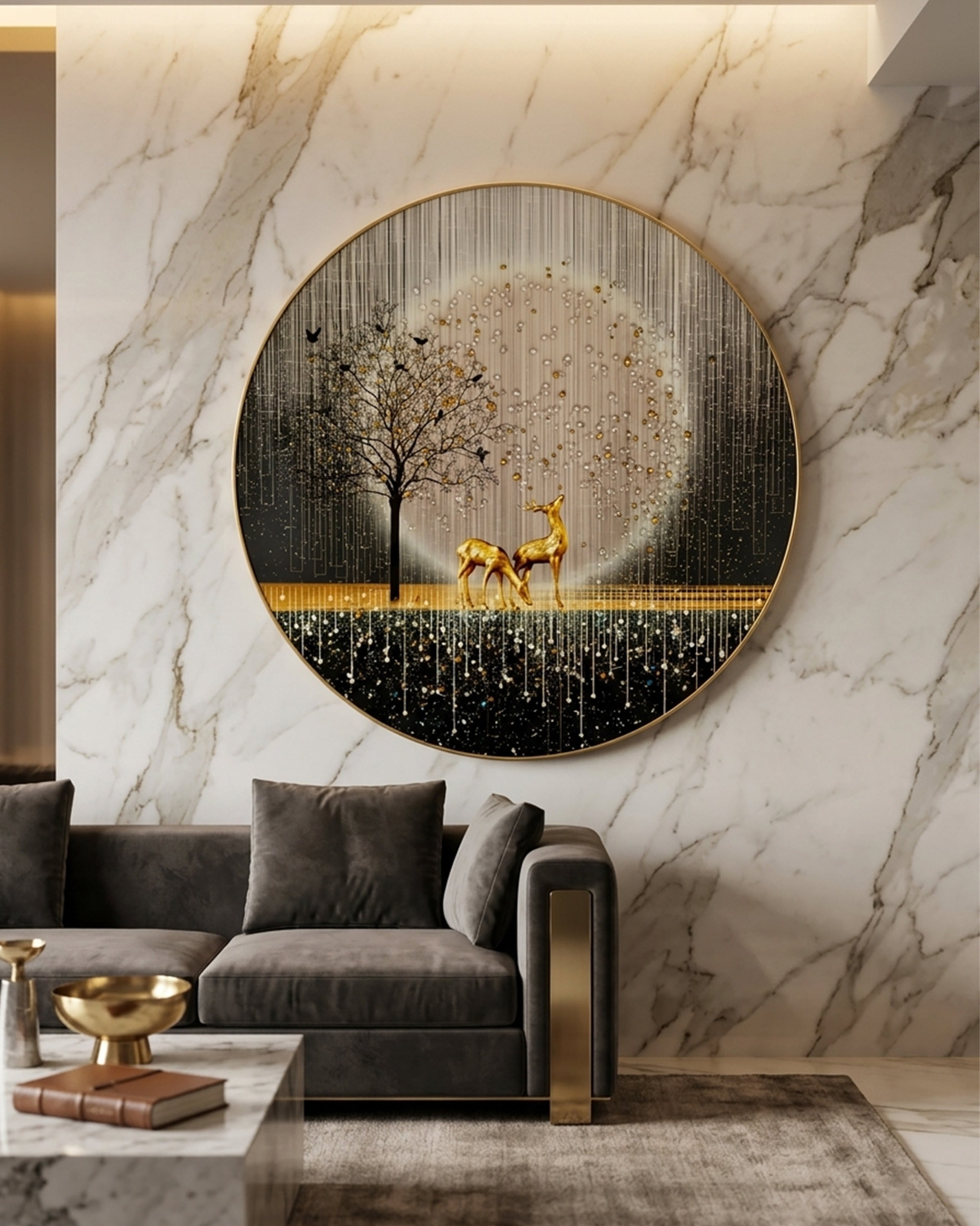 Modern Luxury Gold Deer & Tree of Life Round Wall Art - Premium Circular Framed Painting for Living Room & Bedroom Decor