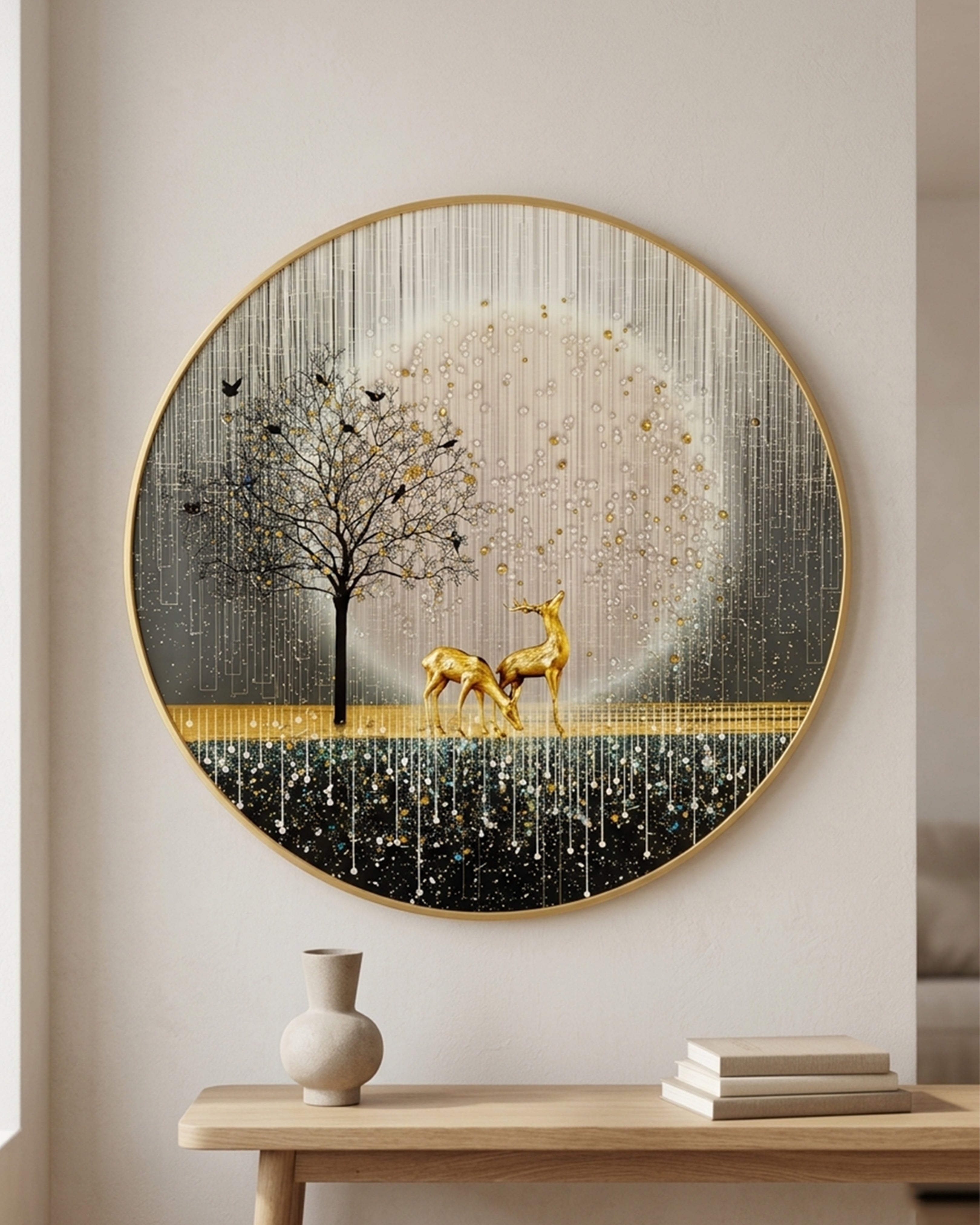 Modern Luxury Gold Deer & Tree of Life Round Wall Art - Premium Circular Framed Painting for Living Room & Bedroom Decor