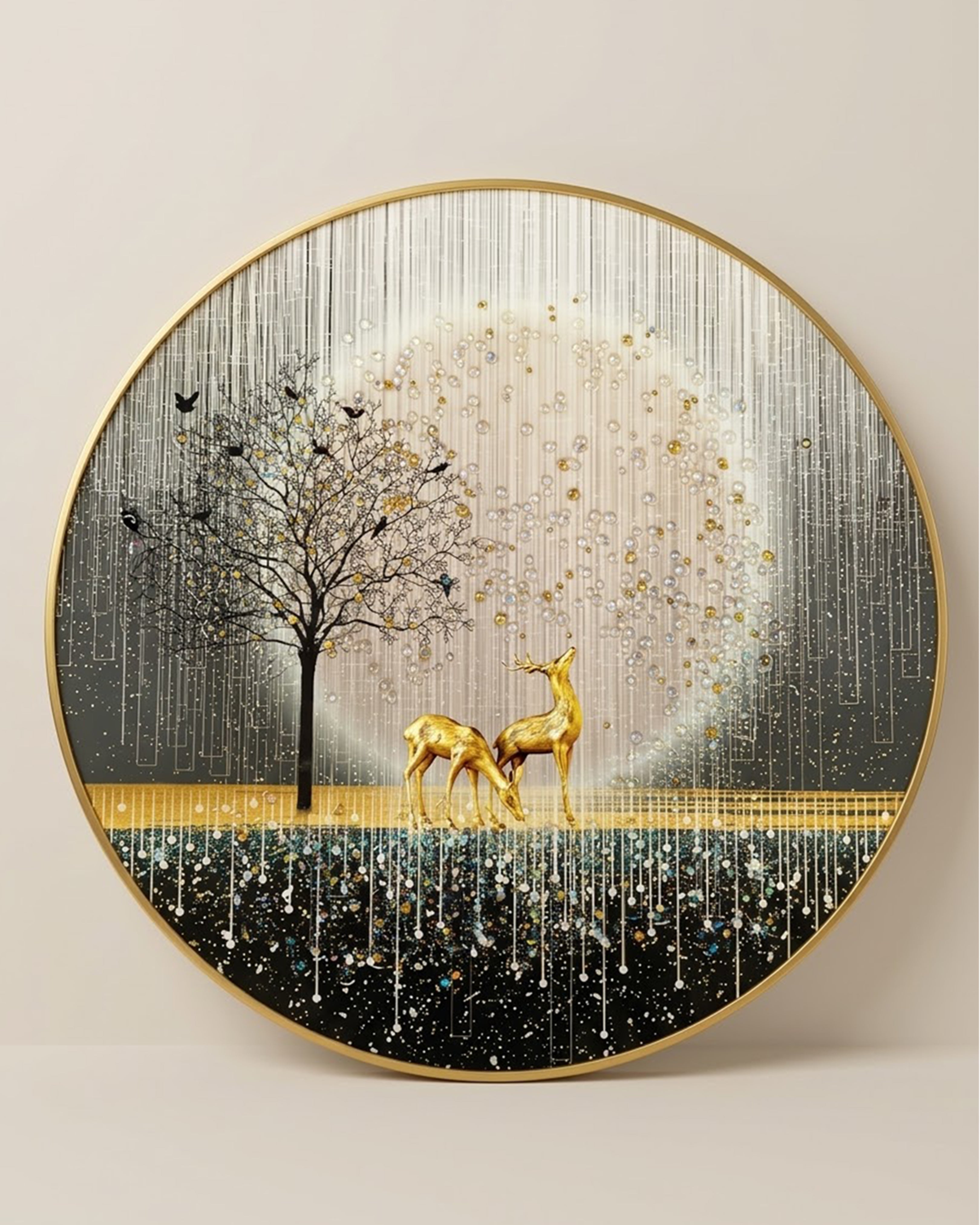 Modern Luxury Gold Deer & Tree of Life Round Wall Art - Premium Circular Framed Painting for Living Room & Bedroom Decor