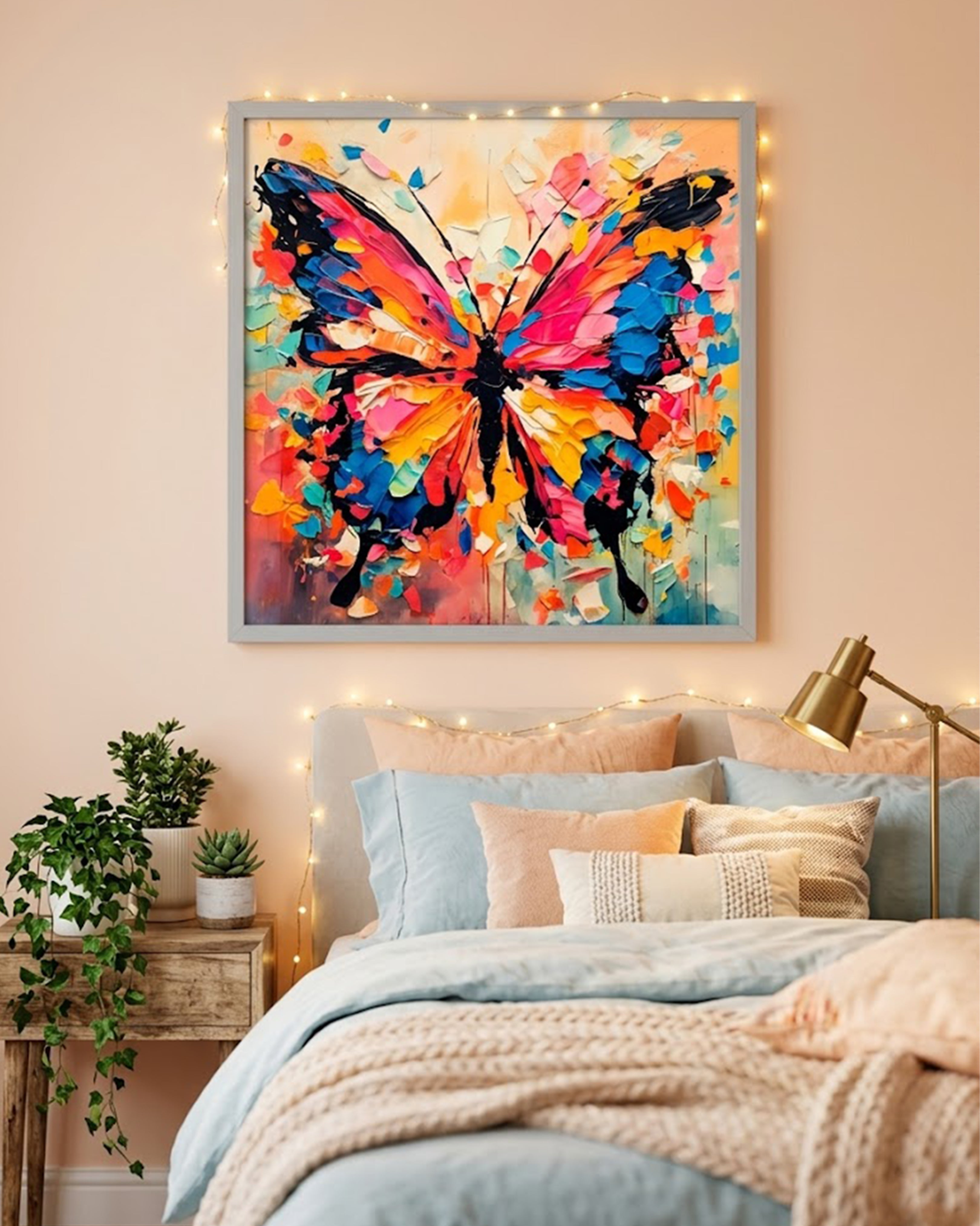 Vibrant Abstract Butterfly Textured Framed Wall Art - Colorful Palette Knife Painting for Bedroom, Living Room & Aesthetic Home Decor