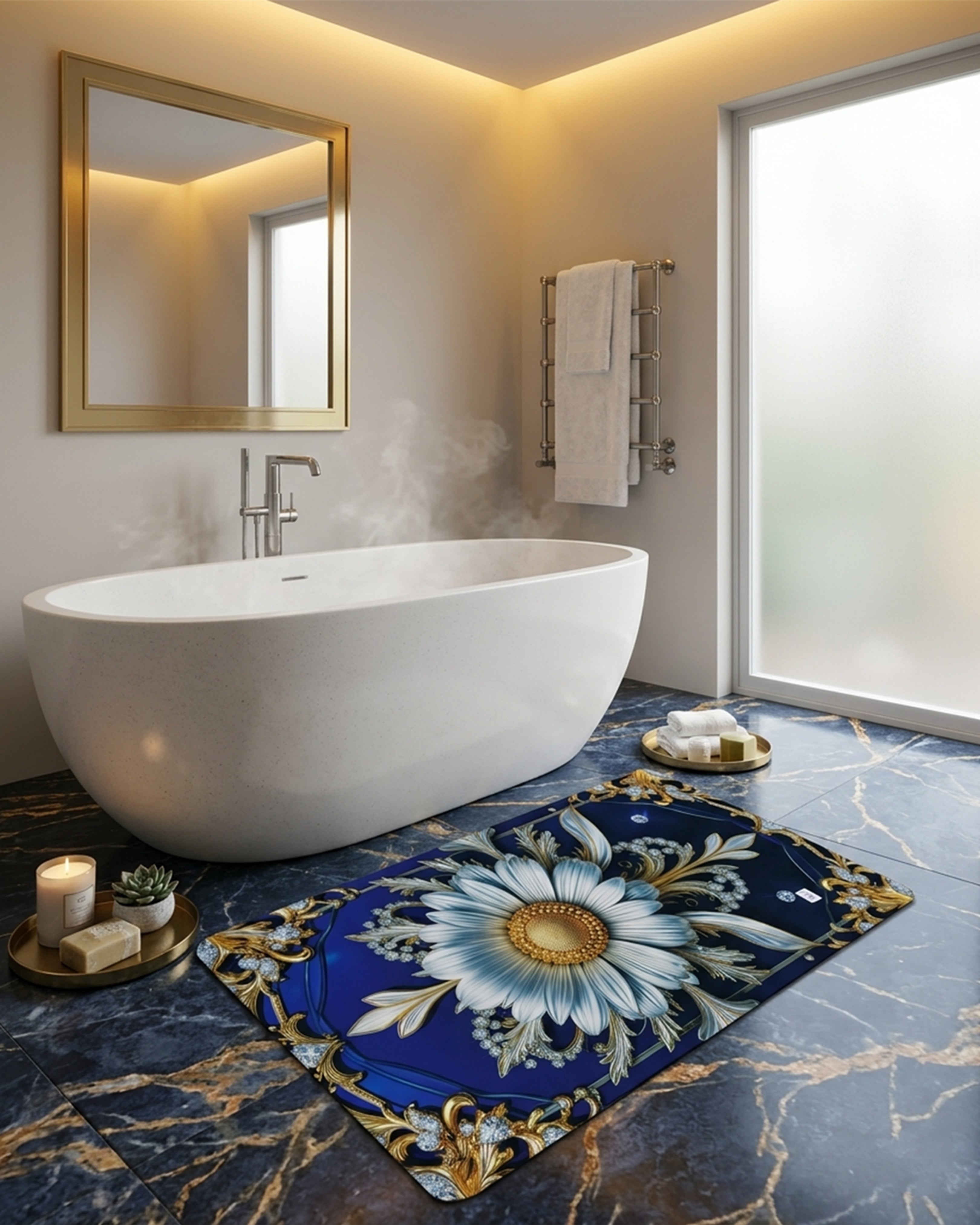 Royal Blue & Gold Floral Luxury Bath Mat – Elegant Daisy Pattern Non-Slip Bathroom Rug | Premium Decorative Floor Mat