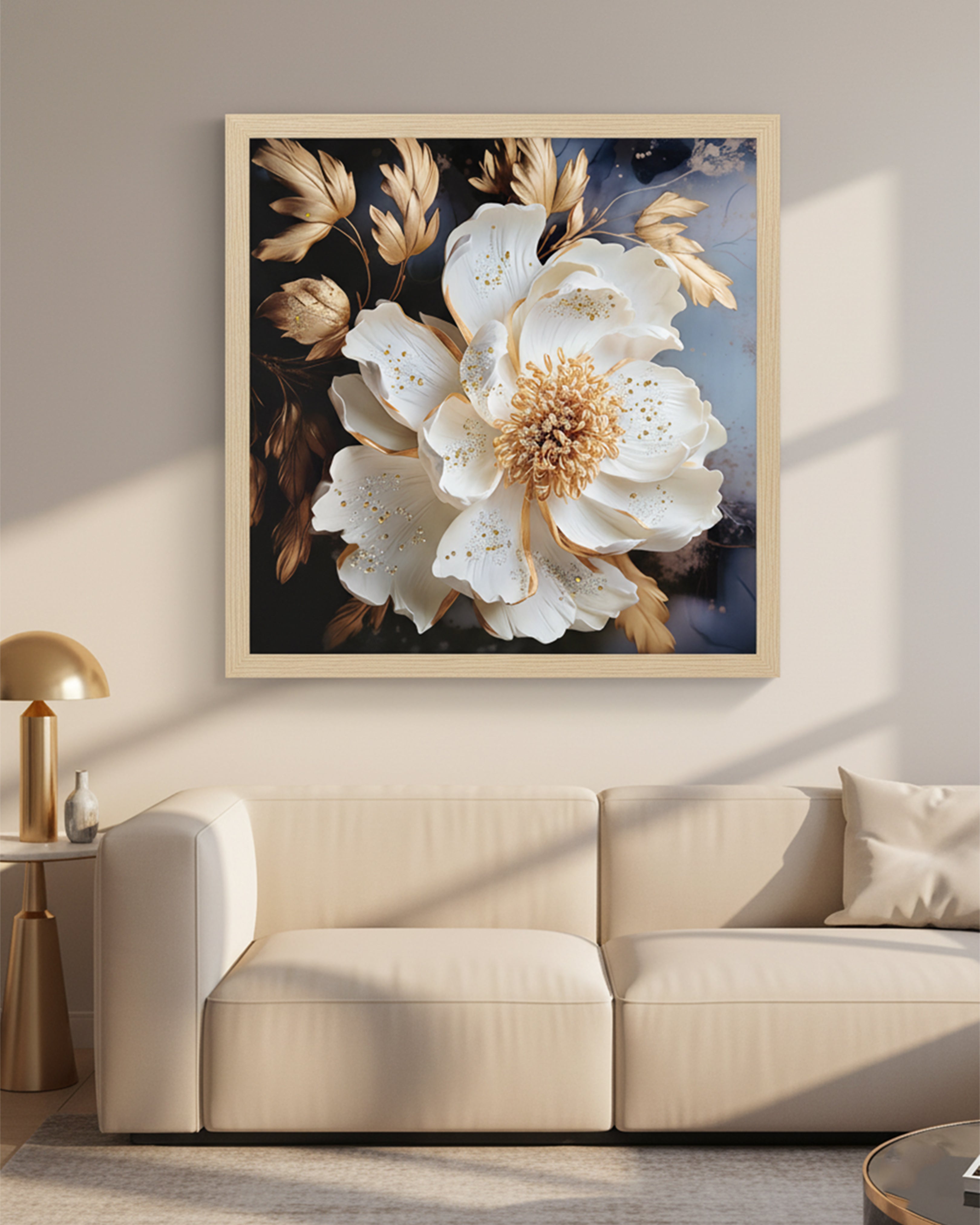 Elegant Golden White Peony Floral Wall Art - Premium Framed Modern Botanical Painting for Living Room & Bedroom
