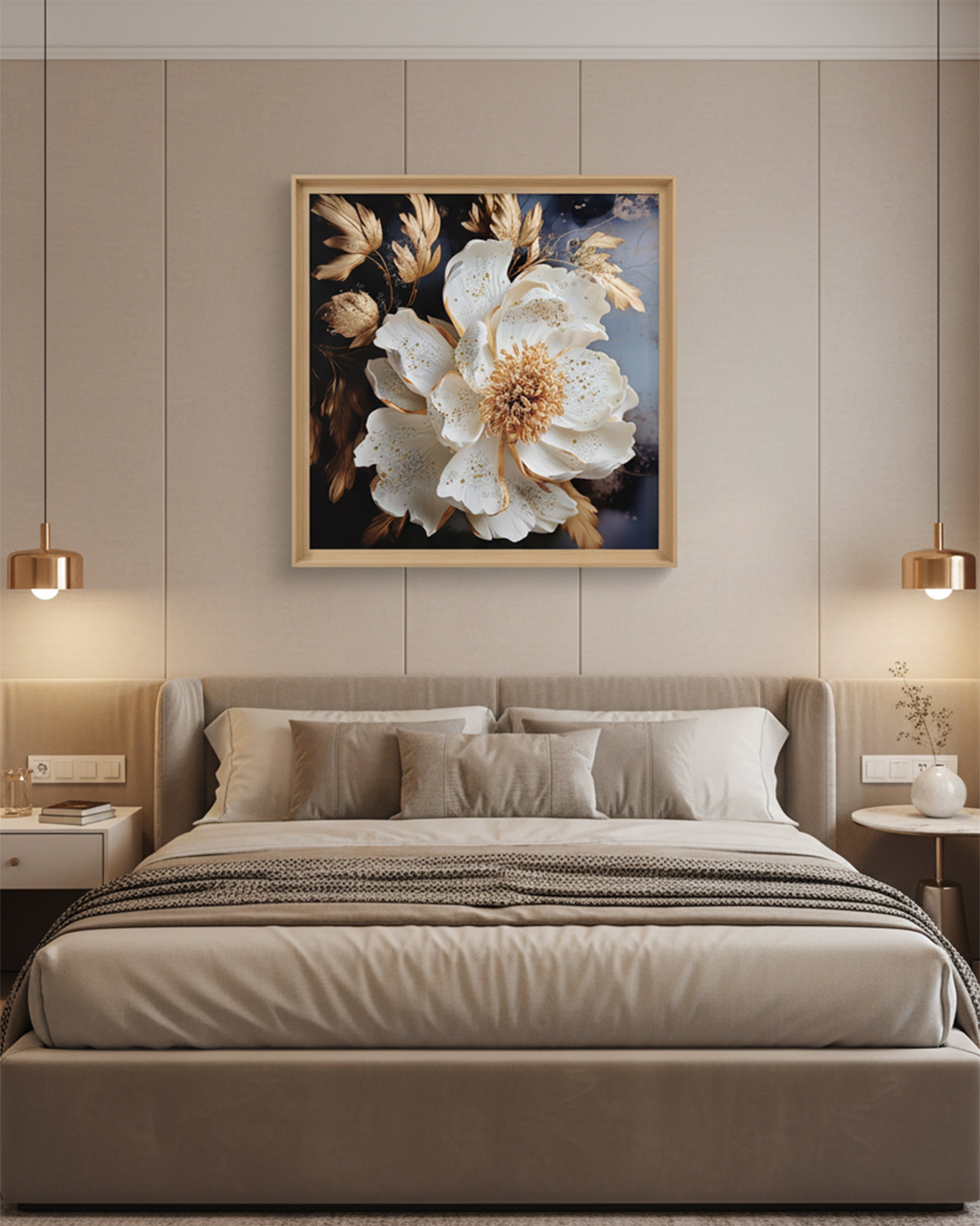 Elegant Golden White Peony Floral Wall Art - Premium Framed Modern Botanical Painting for Living Room & Bedroom