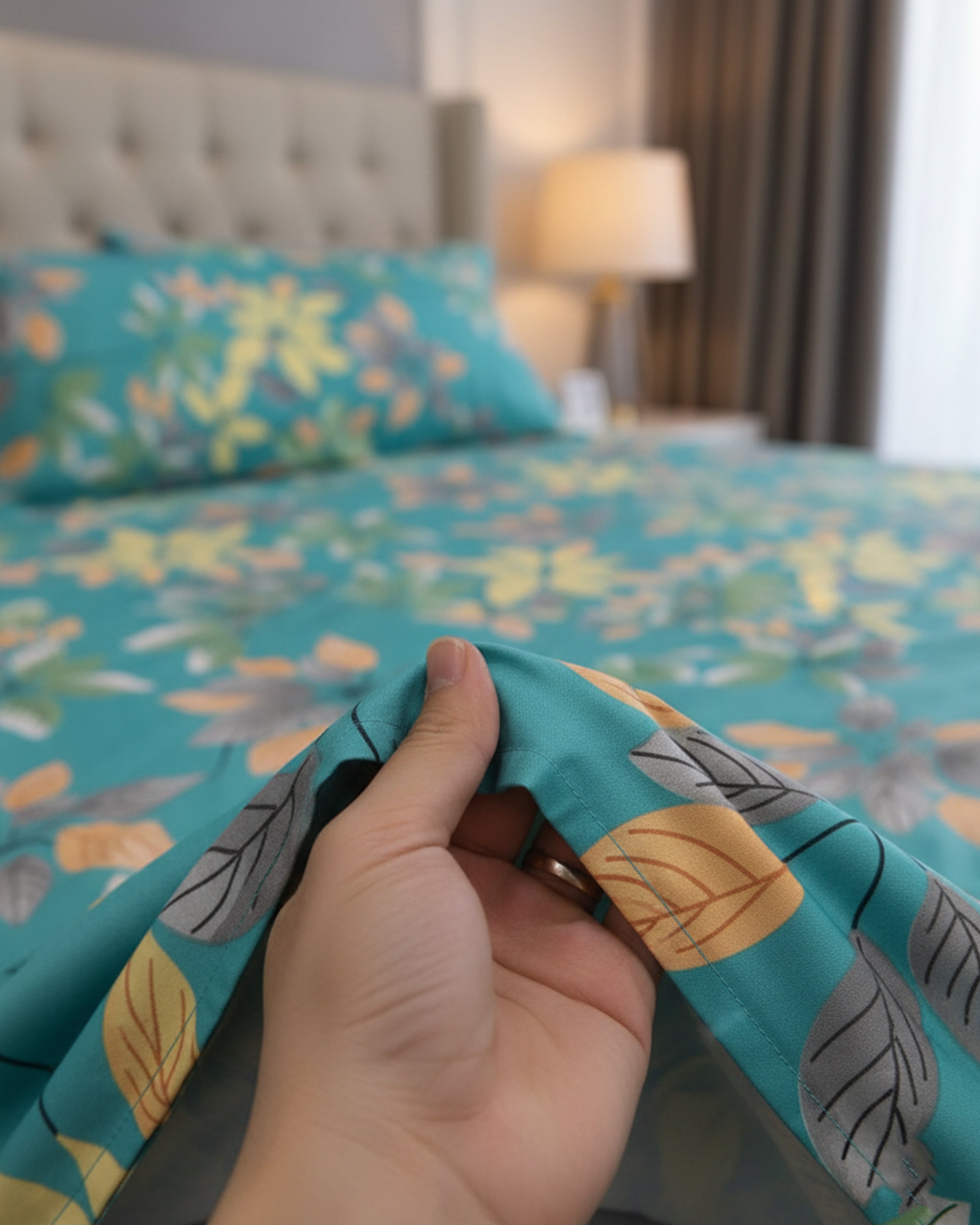 Premium Teal Green Leaf Print Double Bed Sheet with 2 Matching Pillow Covers – Tropical Forest Collection