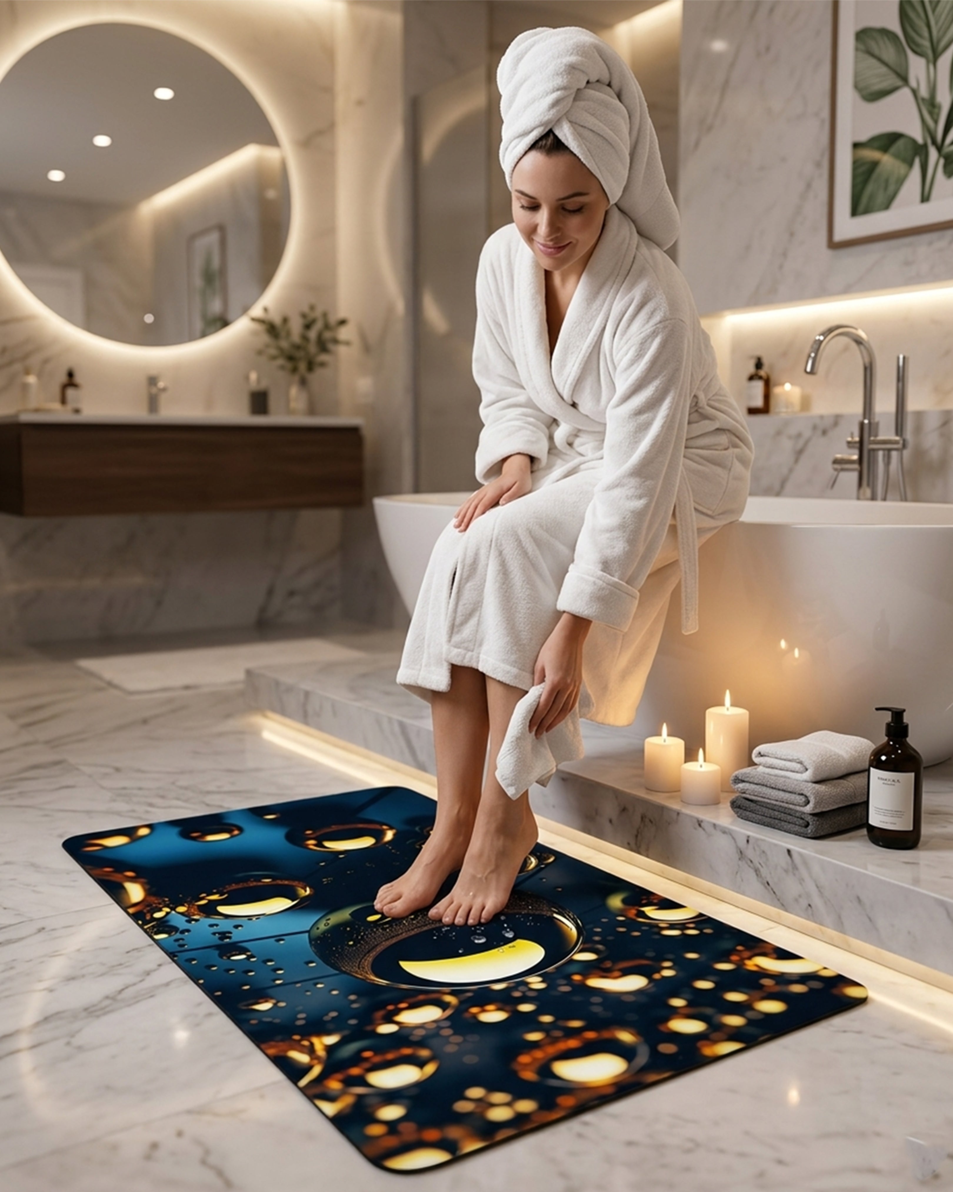 Luminous Water Drop Luxury Bath Mat – 3D Abstract Glow Effect Bathroom Rug | Non-Slip Absorbent Floor Mat