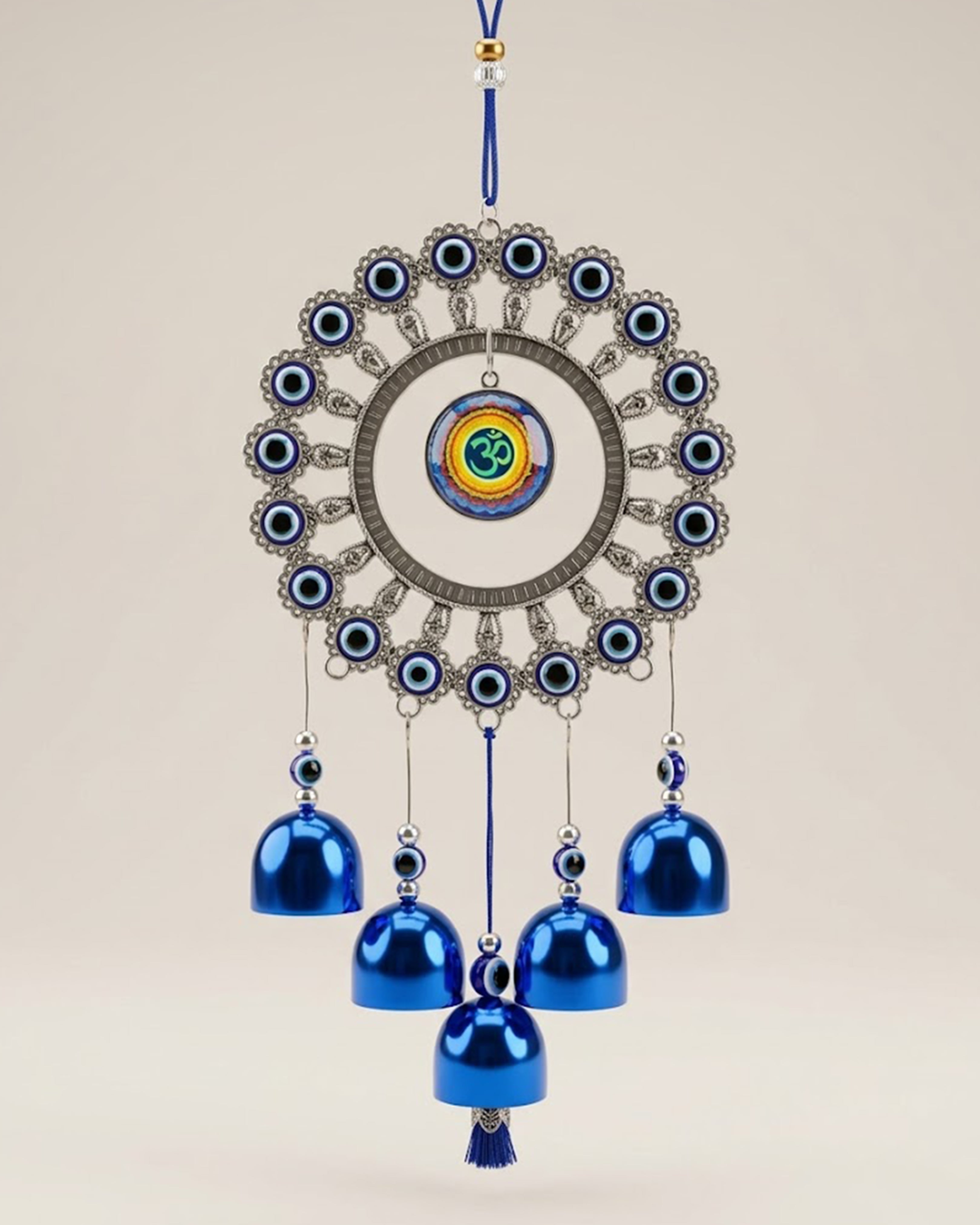 Sacred Om Evil Eye Mandala Wall Hanging – Premium Silver & Blue Protection Charm with 5 Divine Bells for Vastu & Positive Energy