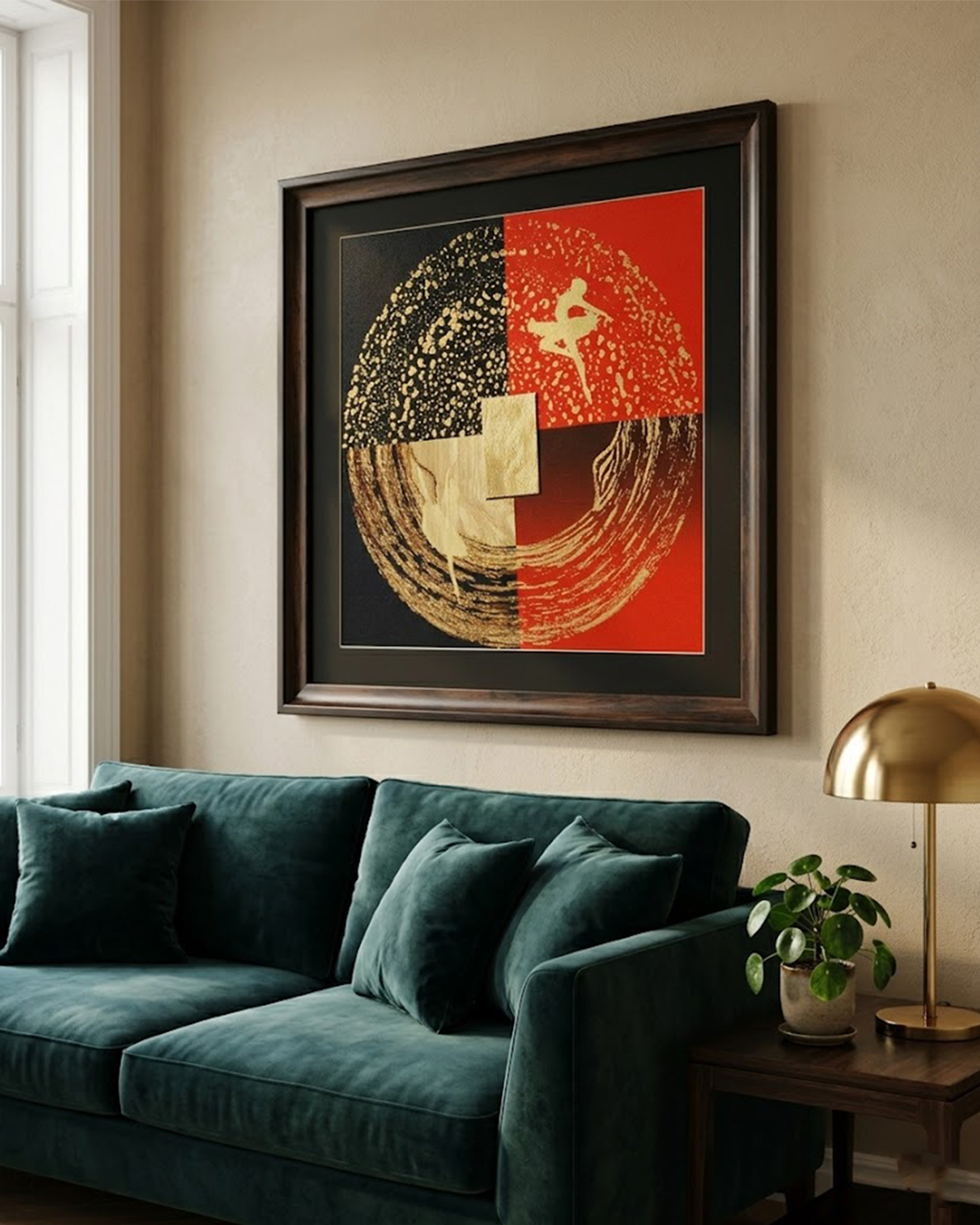 Luxury Golden Ballerina Abstract Wall Art - Premium Framed Canvas Painting in Red, Black & Gold for Modern Home Decor