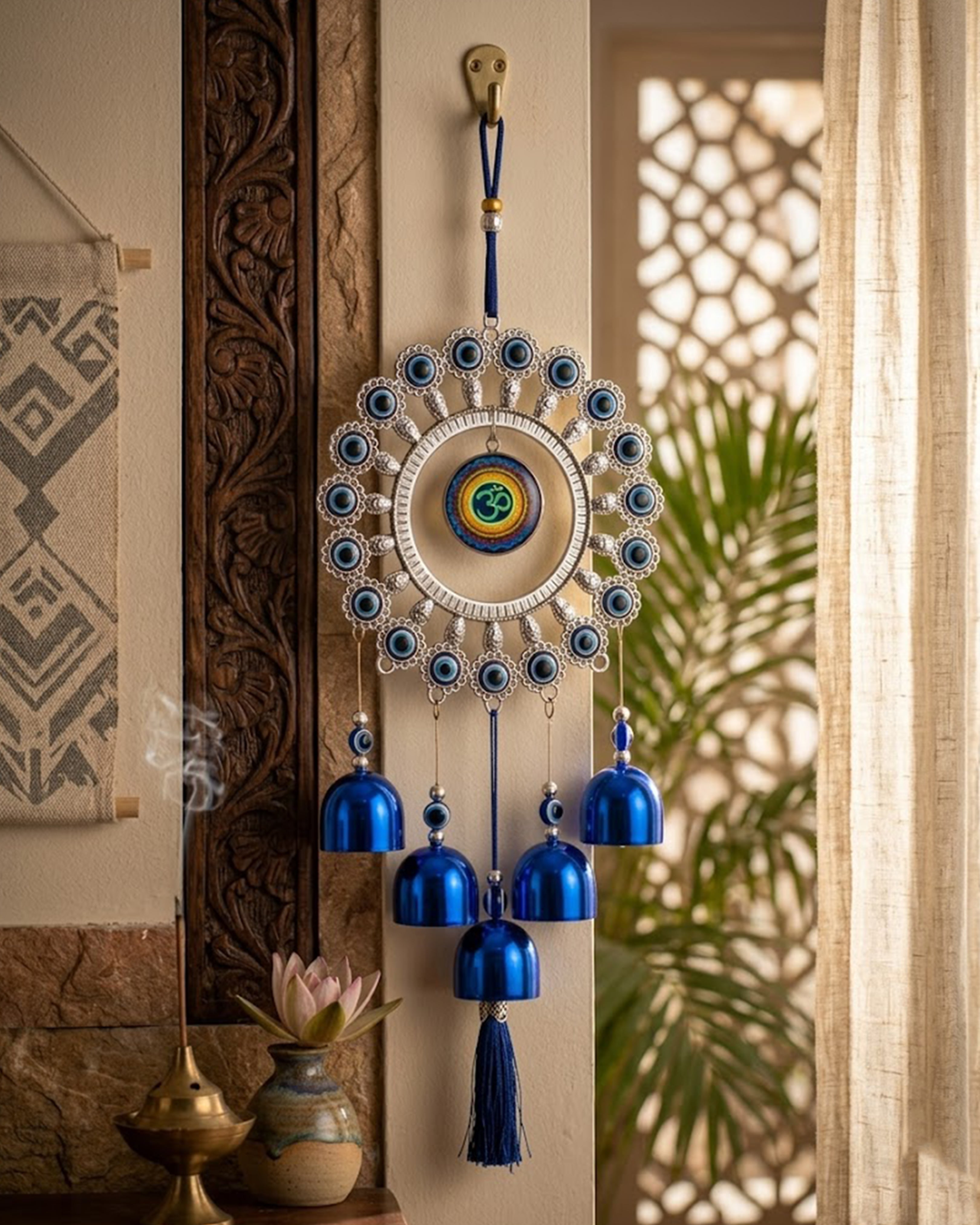 Sacred Om Evil Eye Mandala Wall Hanging – Premium Silver & Blue Protection Charm with 5 Divine Bells for Vastu & Positive Energy