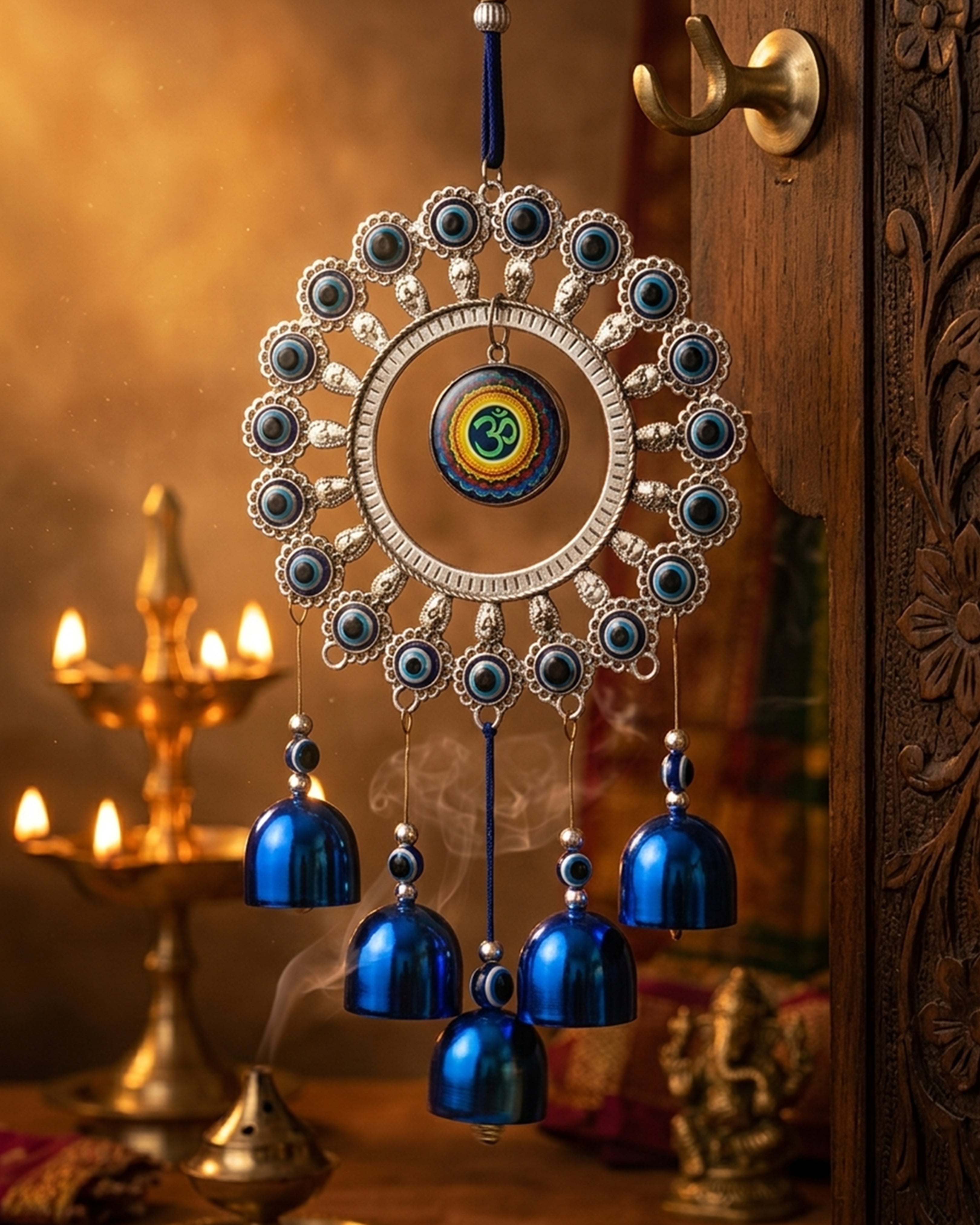 Sacred Om Evil Eye Mandala Wall Hanging – Premium Silver & Blue Protection Charm with 5 Divine Bells for Vastu & Positive Energy
