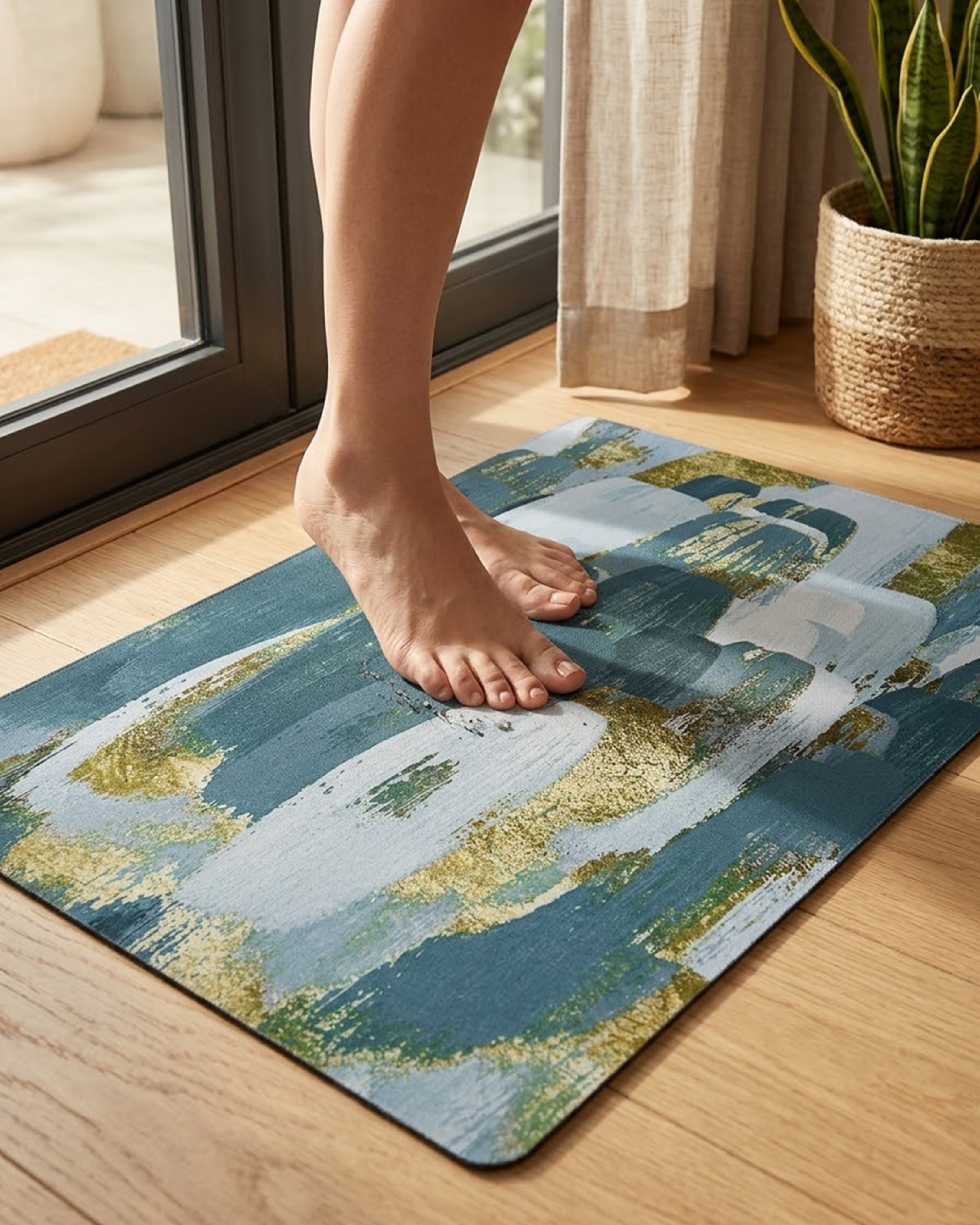 Botanical Teal Swirl Luxury Bath Mat – 3D Floral Anti-Slip Rug | Soft Microfiber Decorative Floor Mat