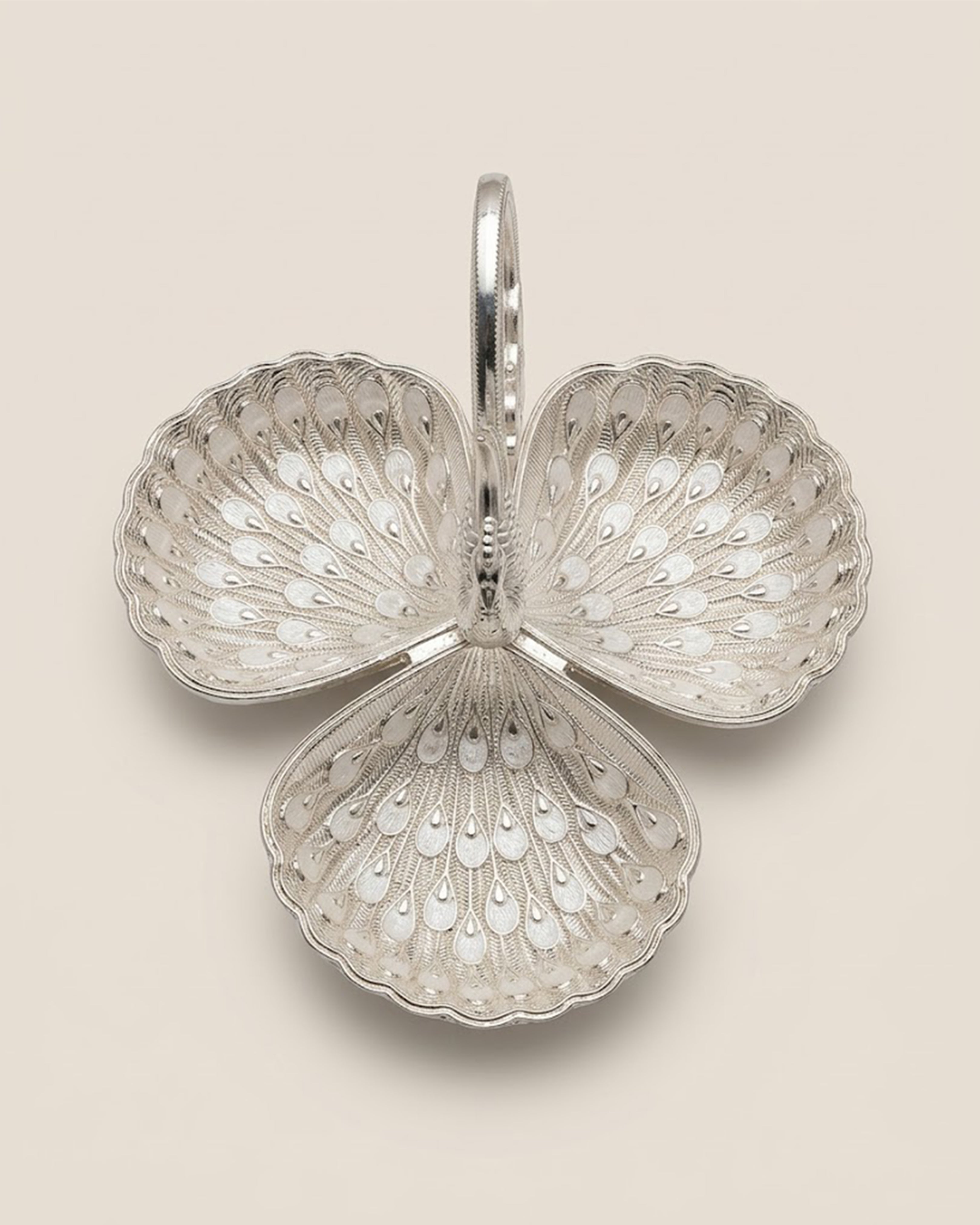 Royal Silver-Plated Peacock 3-Bowl Dry Fruit Server – Handcrafted Filigree Decorative Platter with Handle for Luxury Dining & Gifting