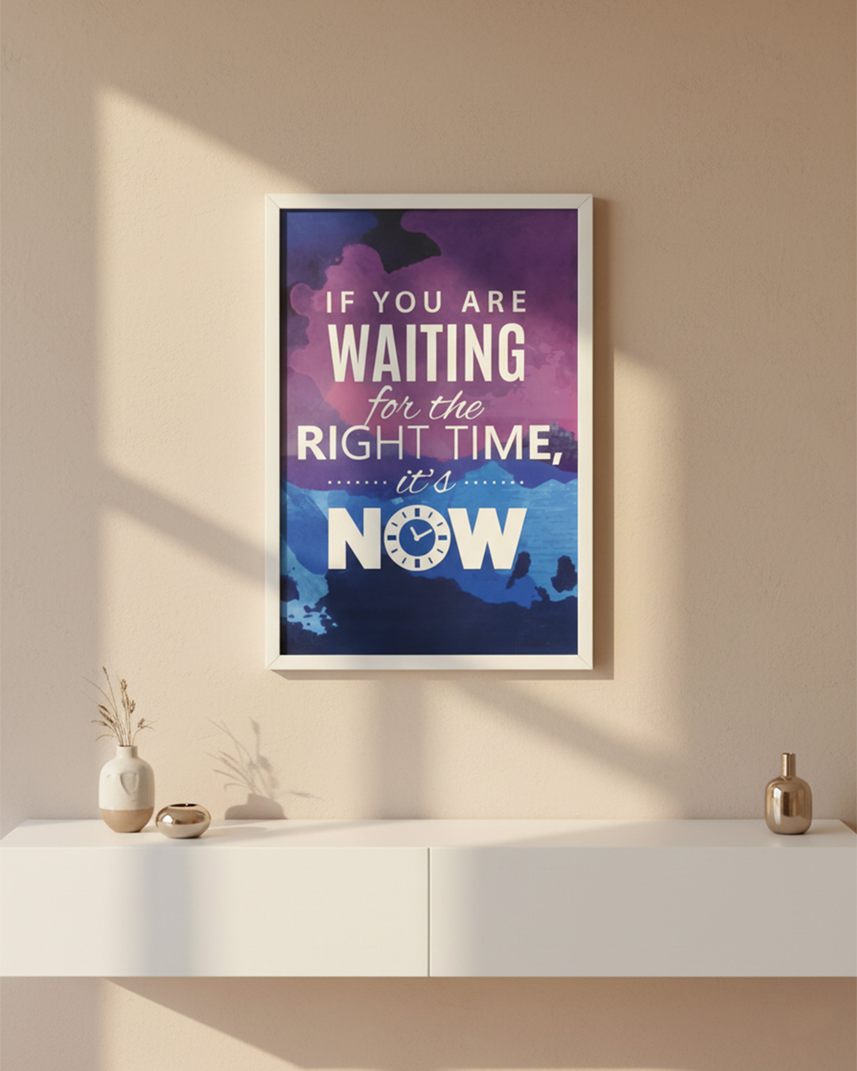 "The Right Time is NOW" Motivational Quote Wall Art - Premium White Framed Inspirational Poster for Office & Study