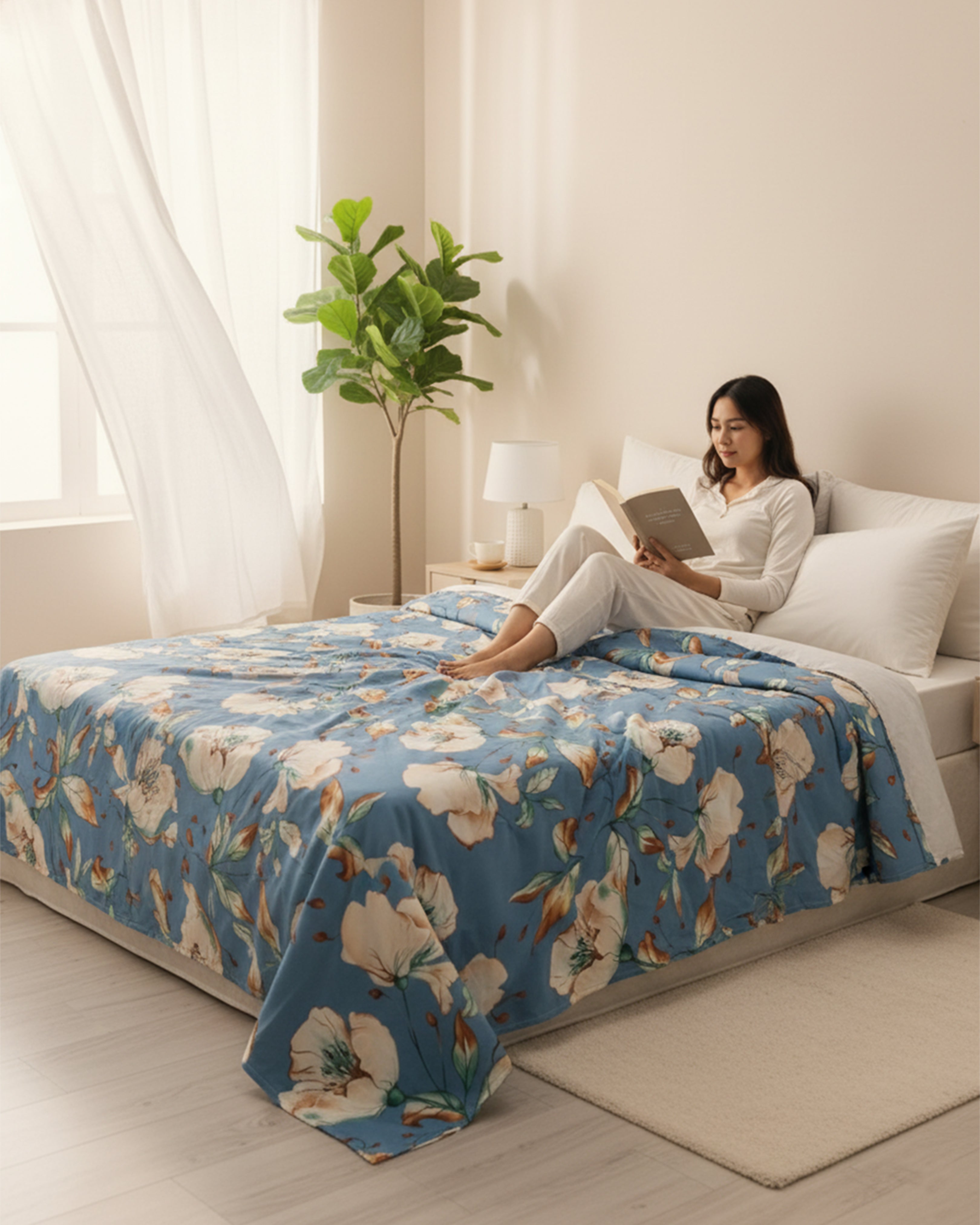Elegant Floral Leaf Print Double Bedspread - Luxury Blue & Beige Botanical Bedding Set with Matching Pillow Covers