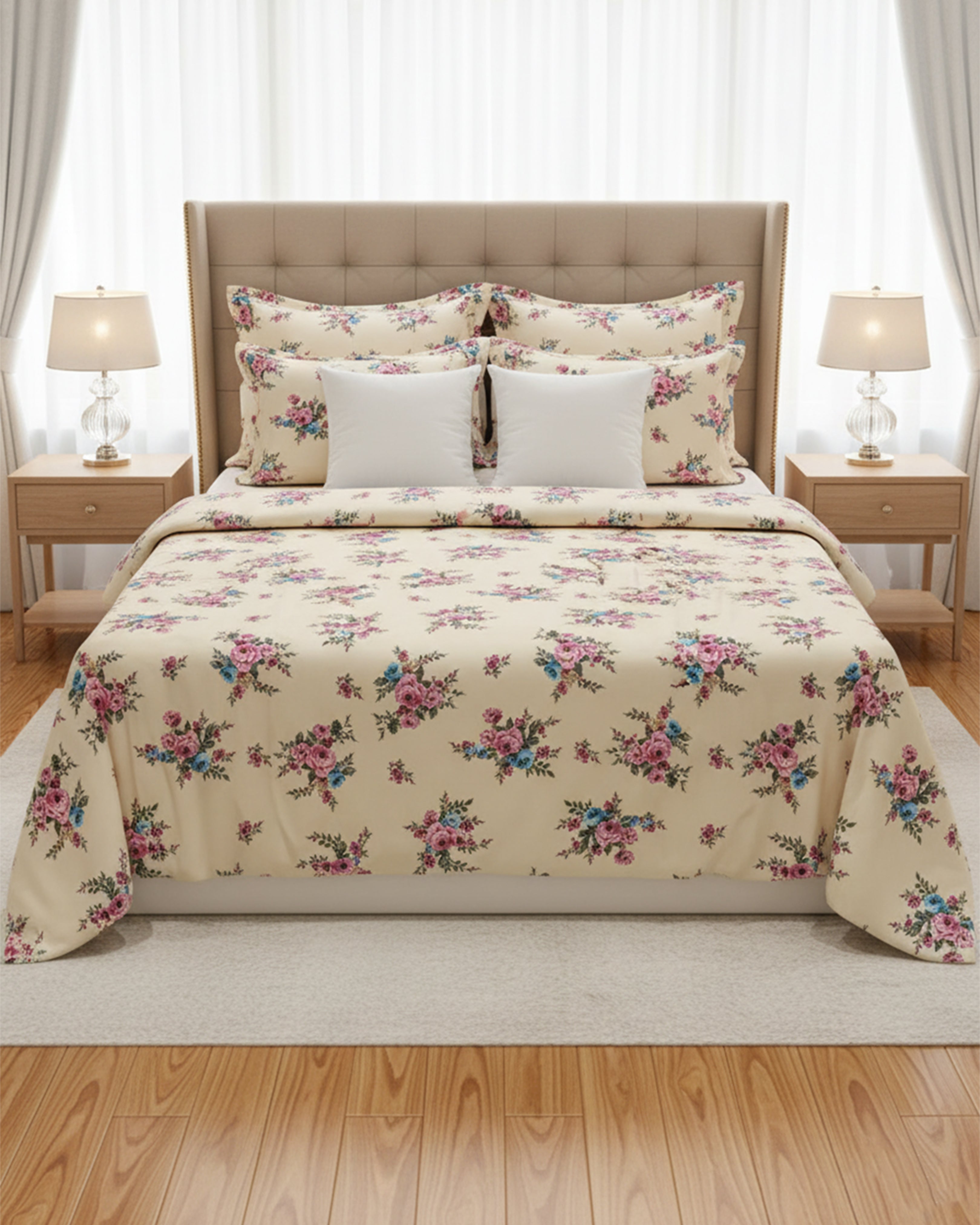 Royal Ornamental Motif Double Bedspread - Premium Brown & Navy Blue Damask Style Bedding with Matching Pillow Covers