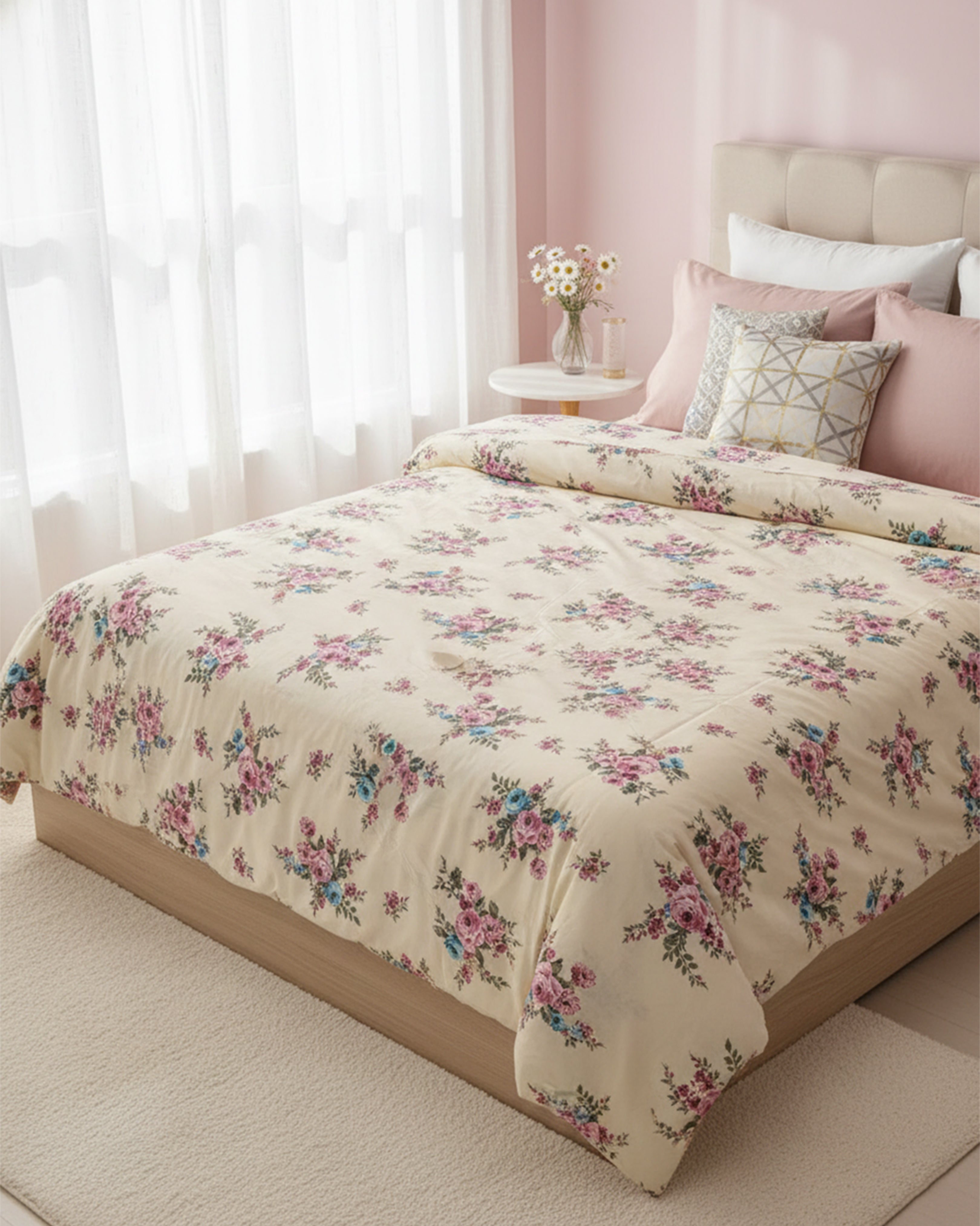 Royal Ornamental Motif Double Bedspread - Premium Brown & Navy Blue Damask Style Bedding with Matching Pillow Covers