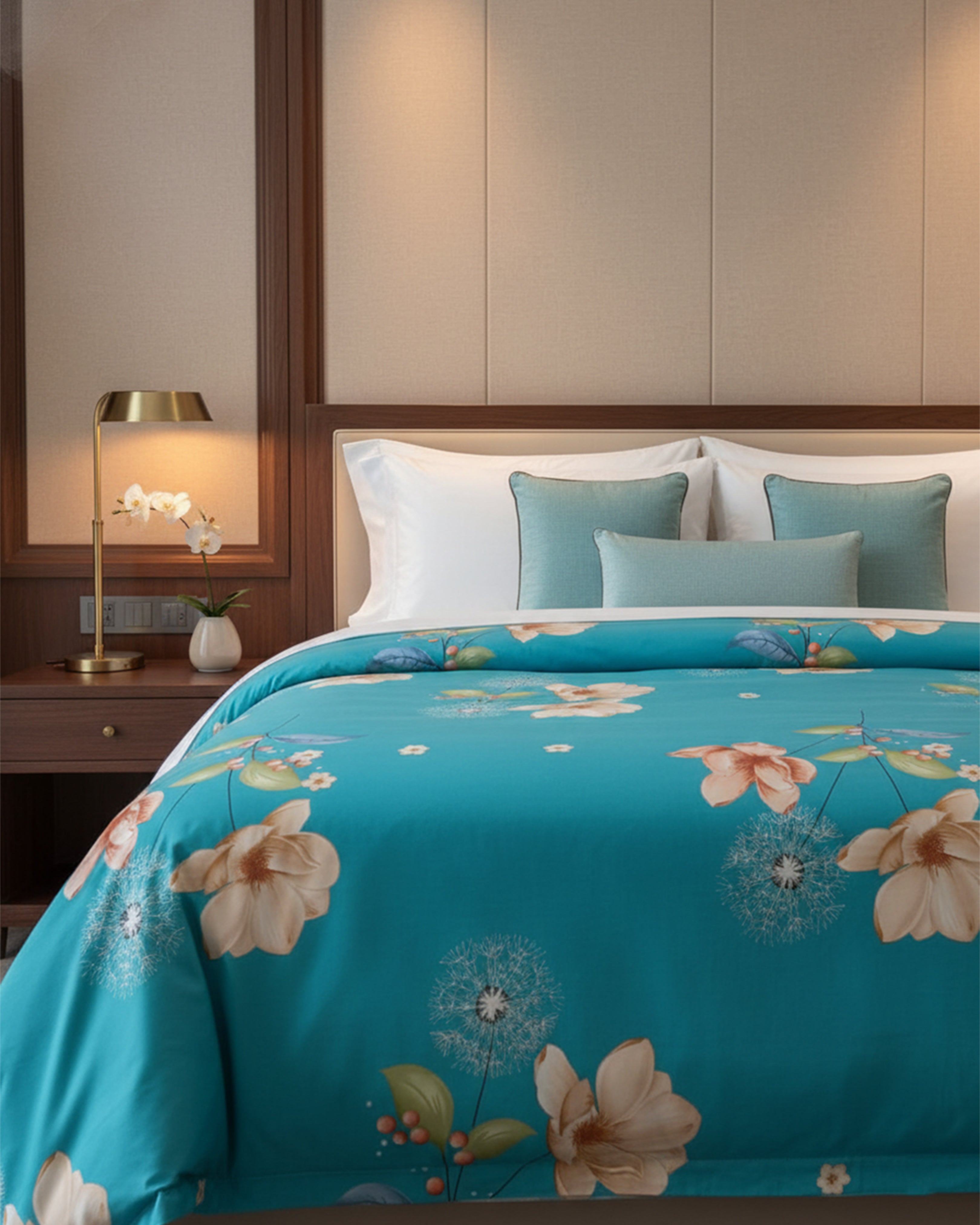 Premium Mint Green & White Floral Double Bedspread - Luxury Botanical Print Bedding Set with Matching Pillow Covers