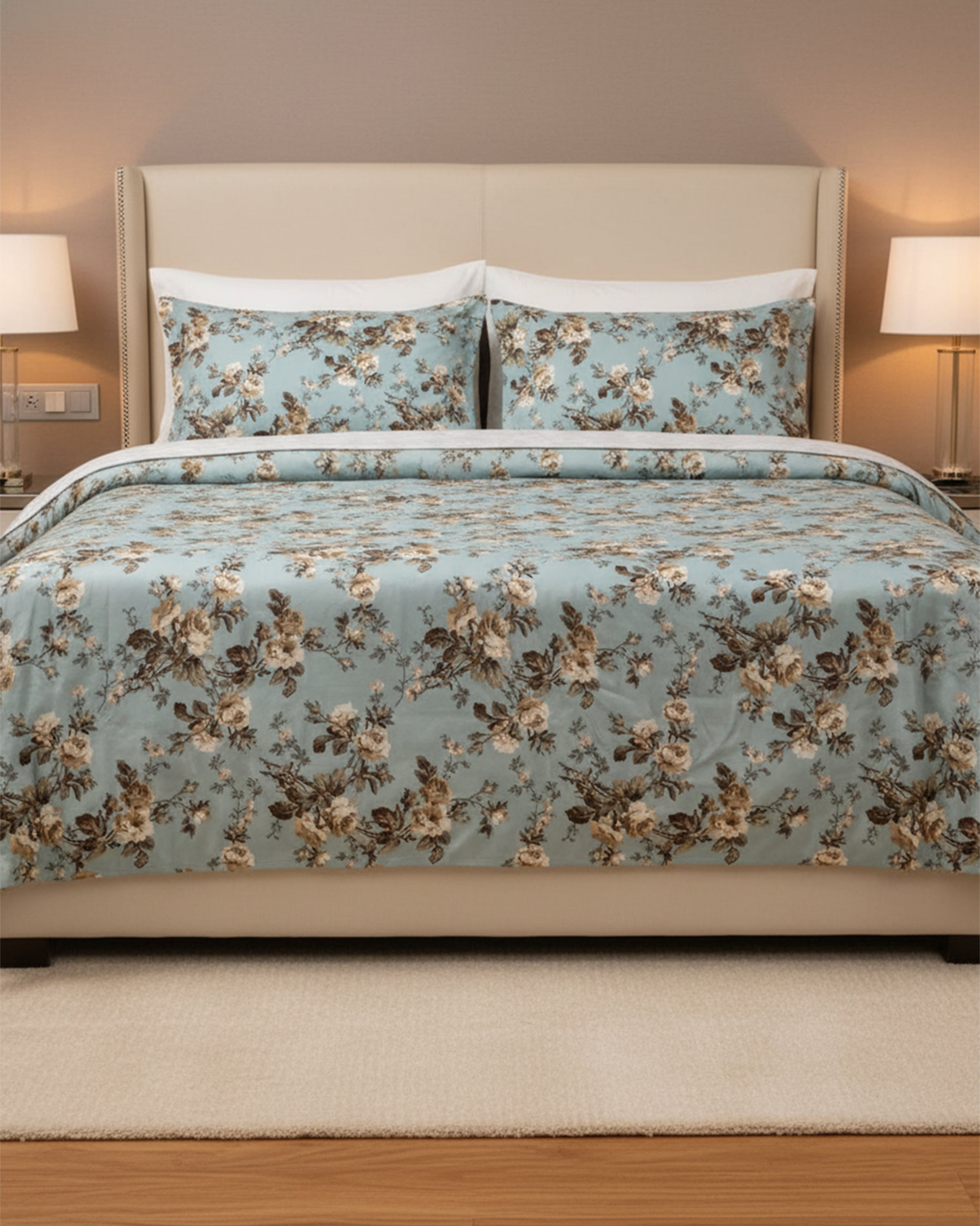 Premium Floral Bouquet Double Bedspread - Luxury Multi-Color Botanical Bedding Set with Matching Pillow Covers