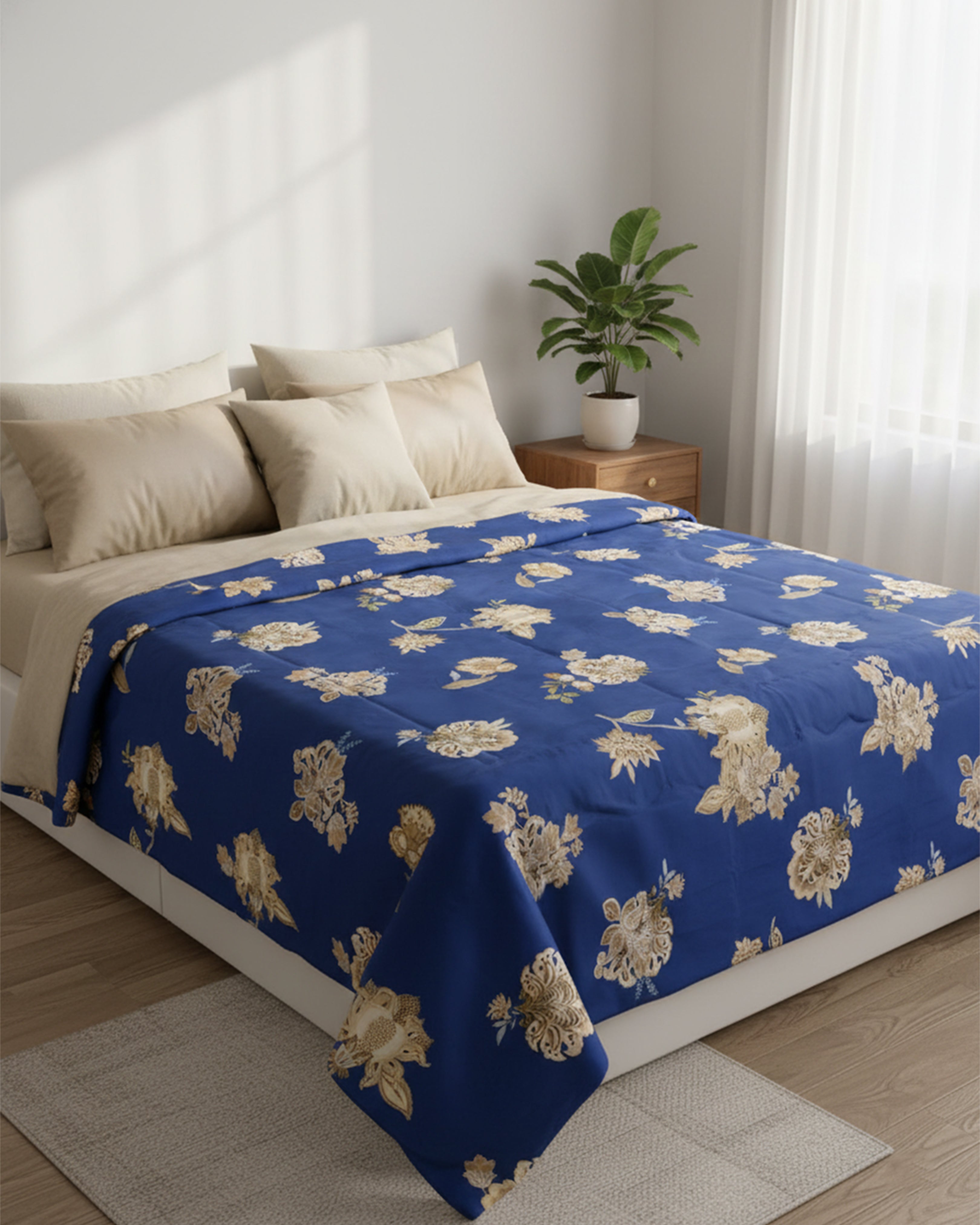 Premium Brown & Cream Floral Double Bedspread - Luxury Earthy Tones Botanical Bedding Set with Matching Pillow Covers