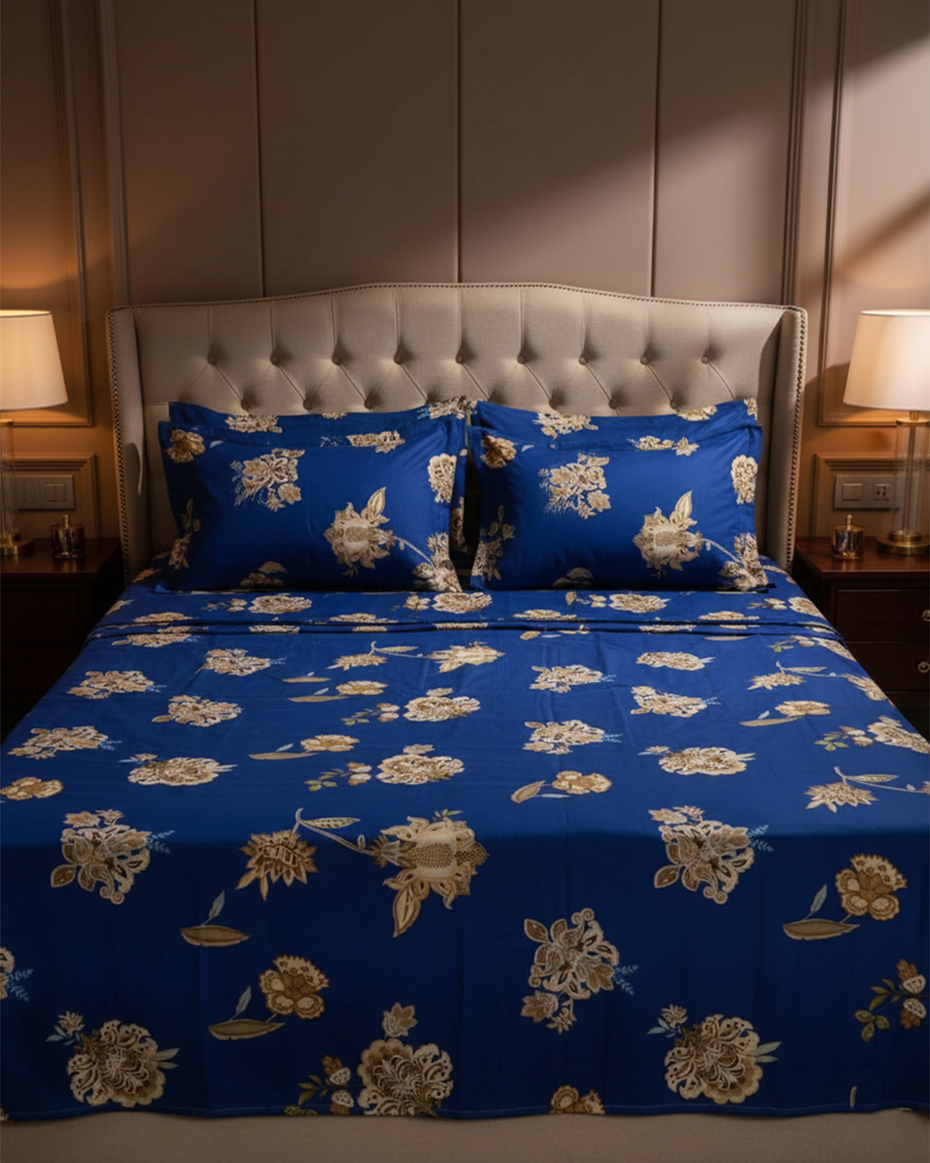 Premium Brown & Cream Floral Double Bedspread - Luxury Earthy Tones Botanical Bedding Set with Matching Pillow Covers