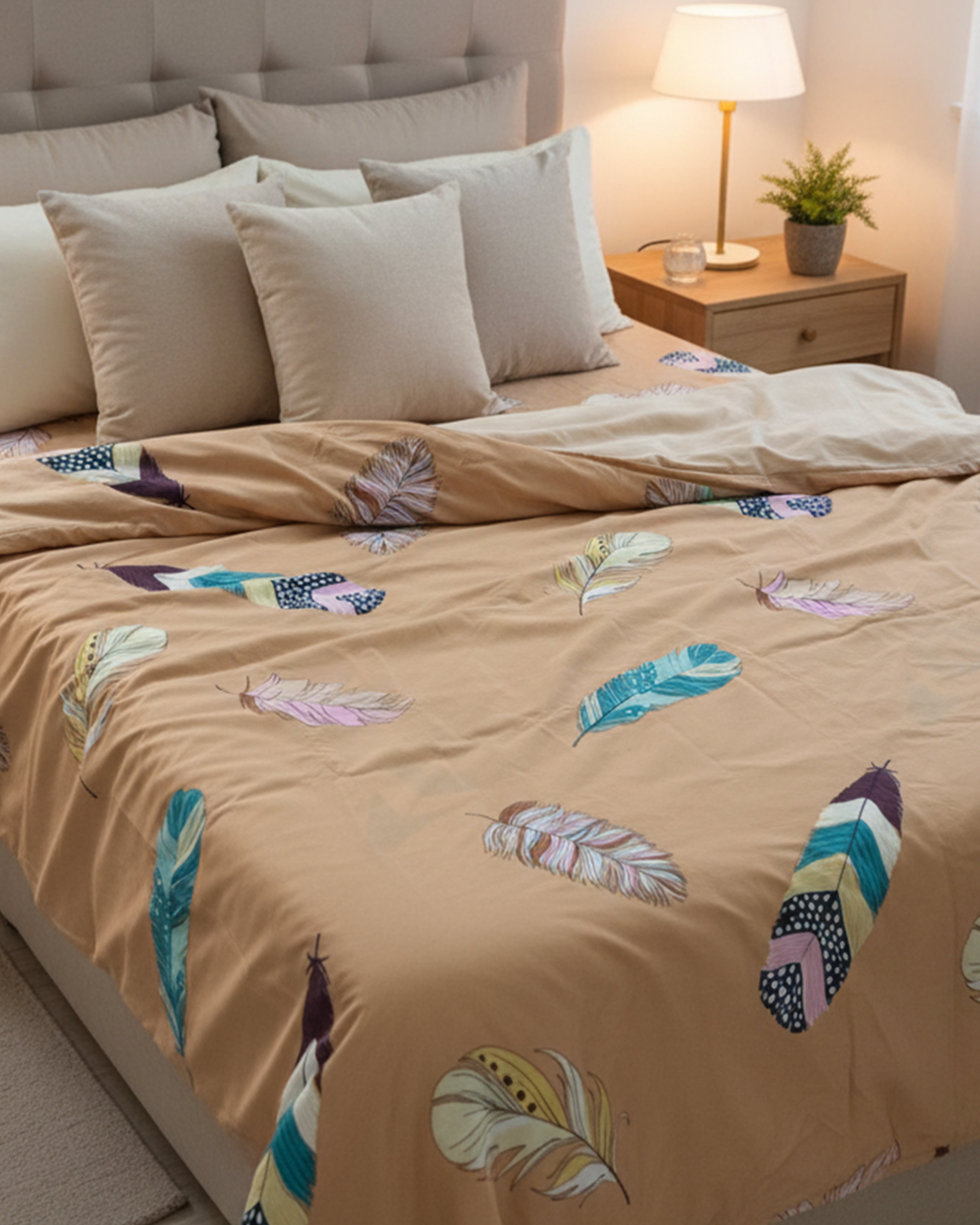 Premium Navy Blue & Beige Geometric Double Bedspread - Luxury Modern Pattern Bedding Set with Matching Pillow Covers