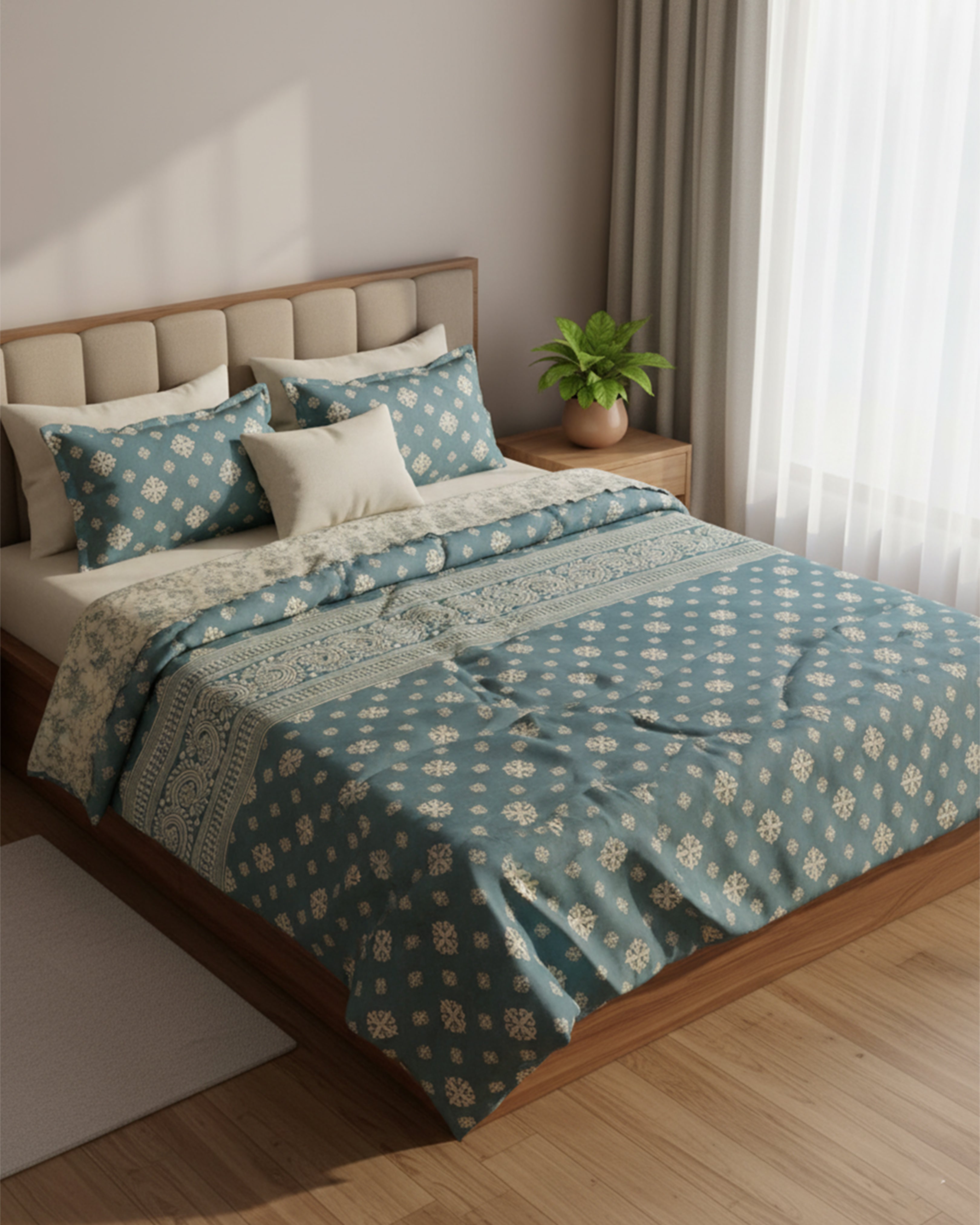 Premium Blue & White Floral Double Bedspread - Luxury Indigo Botanical Bedding Set with Matching Pillow Covers