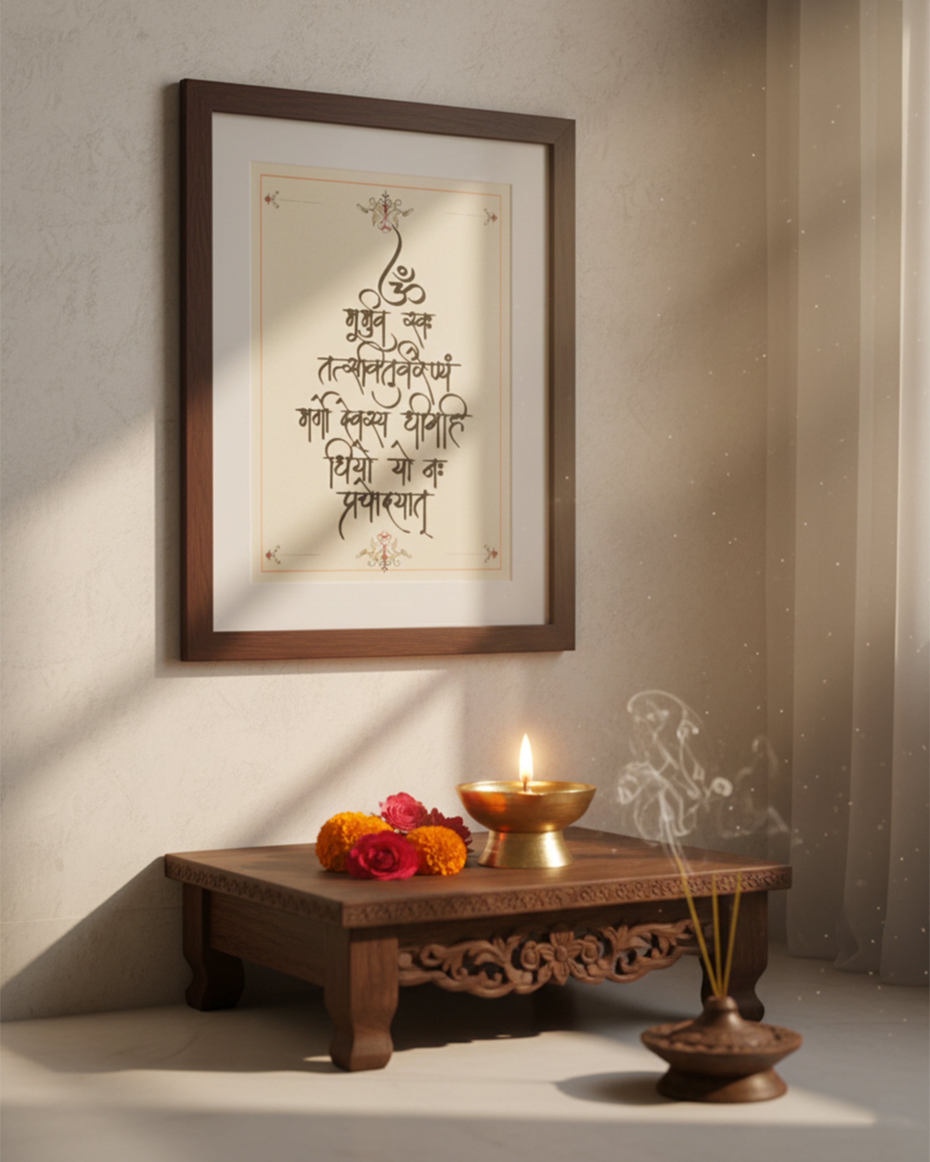 Sacred Gayatri Mantra Calligraphy Wall Art – Traditional Sanskrit Vedic Chant for Yoga & Meditation Spaces