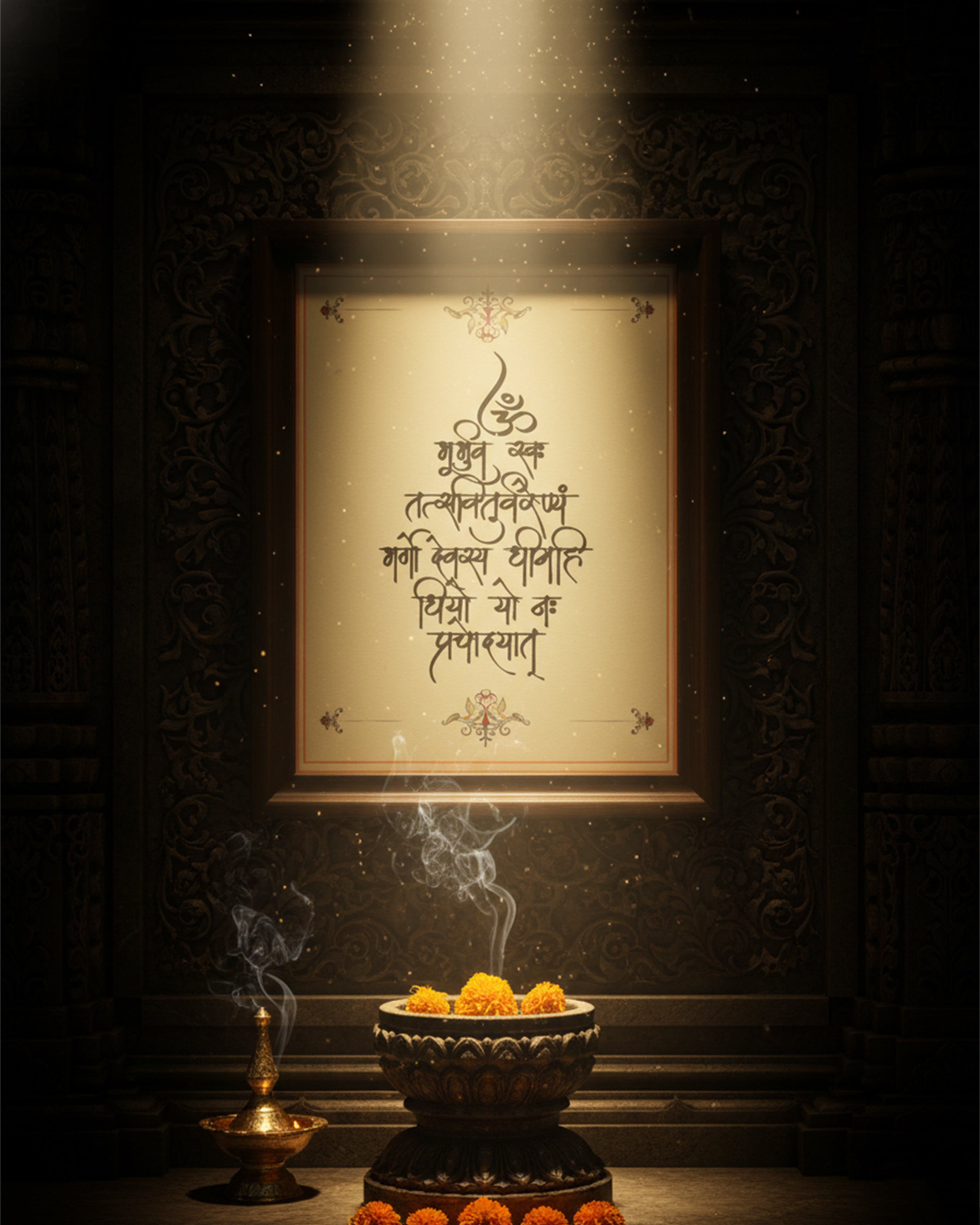 Sacred Gayatri Mantra Calligraphy Wall Art – Traditional Sanskrit Vedic Chant for Yoga & Meditation Spaces
