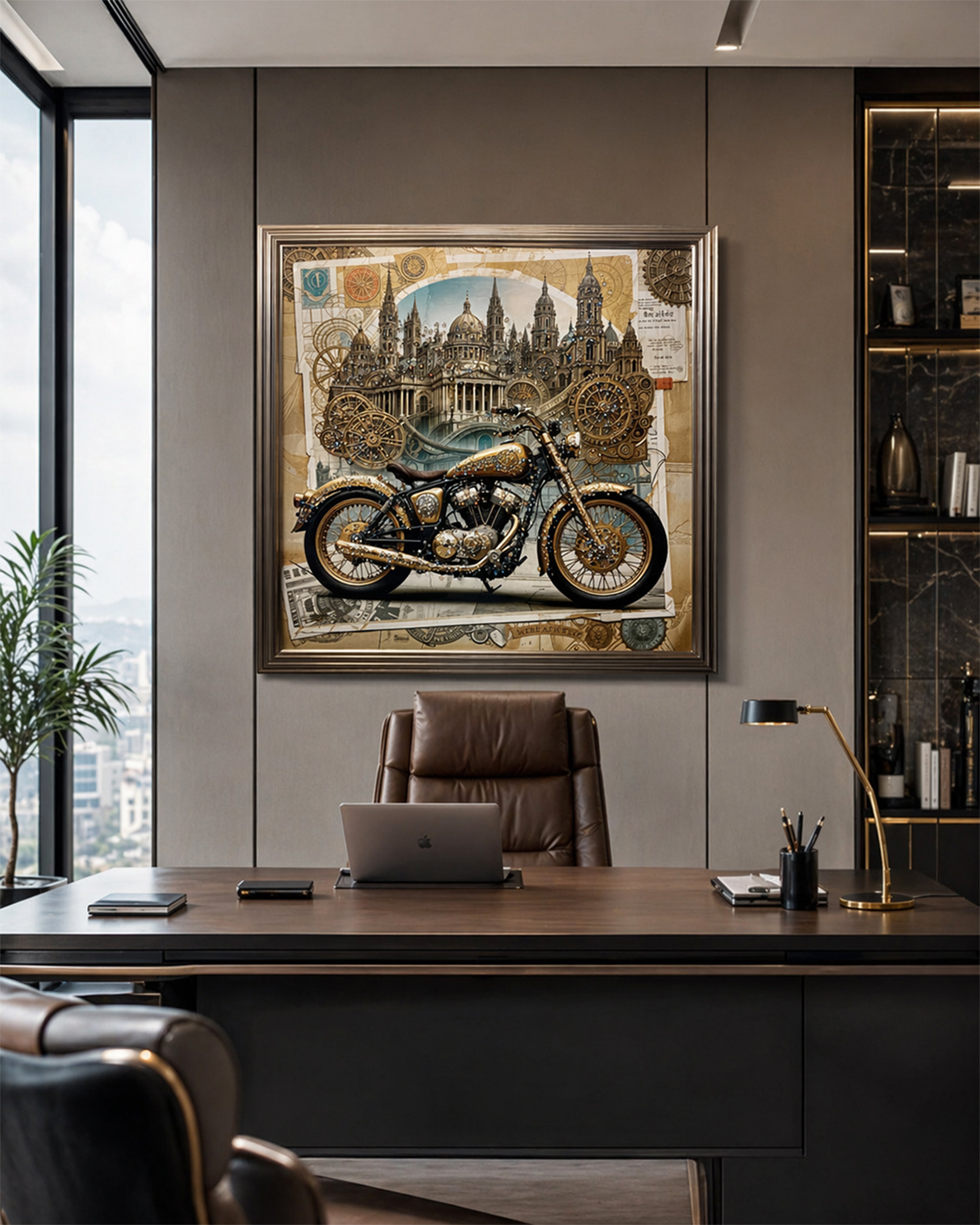 Steampunk Vintage Motorcycle Canvas Art – Intricate Architectural Wall Decor for Office & Home